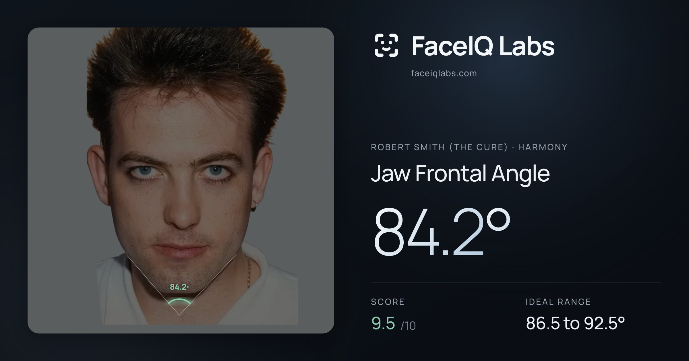 Robert Smith (The cure) Jaw Frontal Angle: 84.2°, drawn on the photo