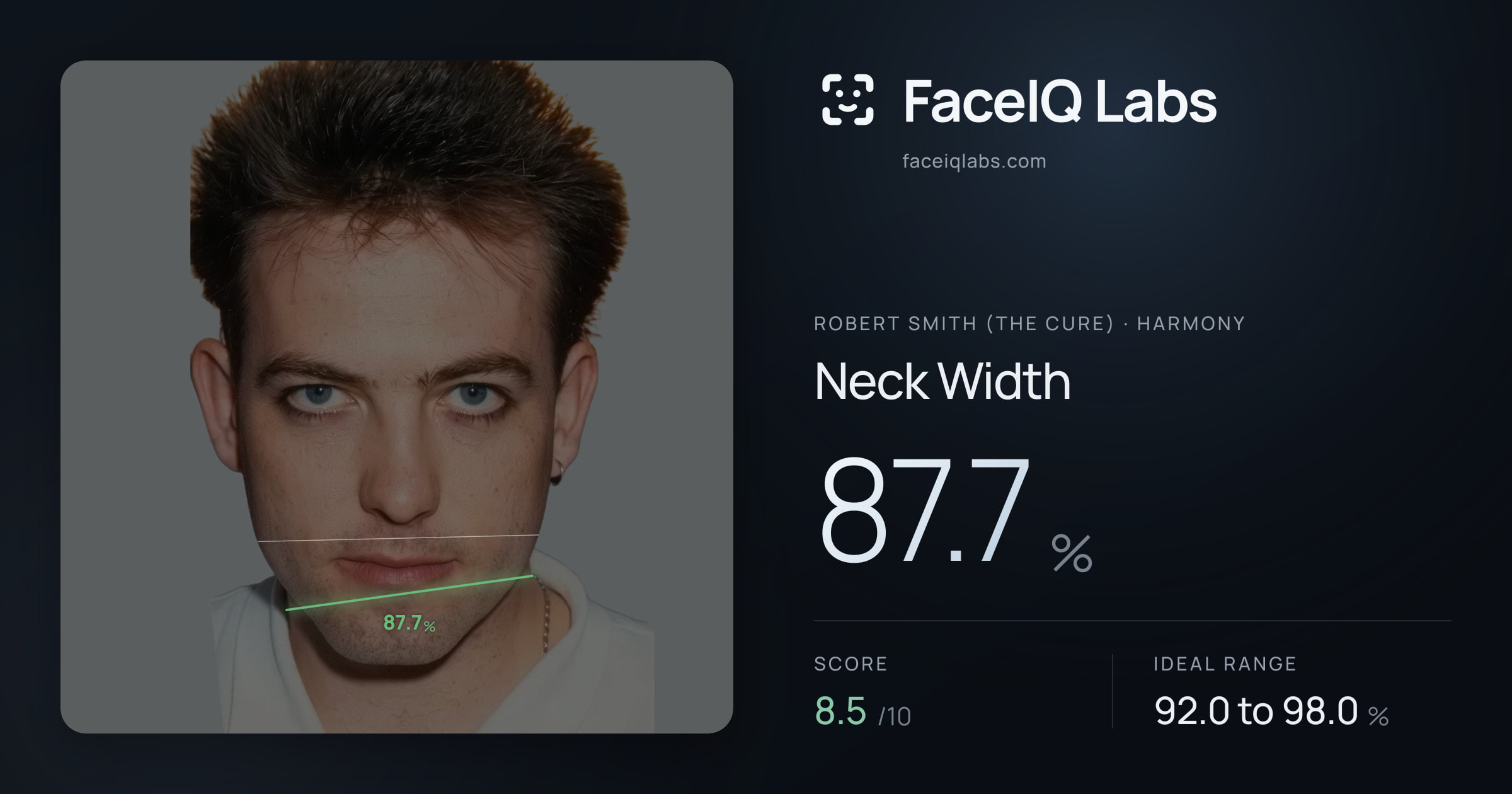 Robert Smith (The cure) Neck Width: 87.7%, drawn on the photo