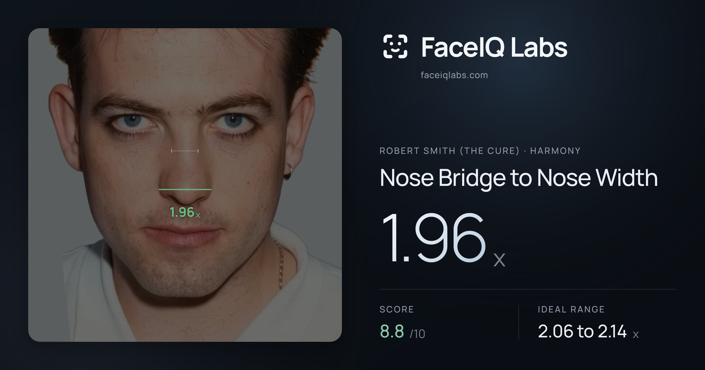 Robert Smith (The cure) Nose Bridge to Nose Width: 1.96x, drawn on the photo