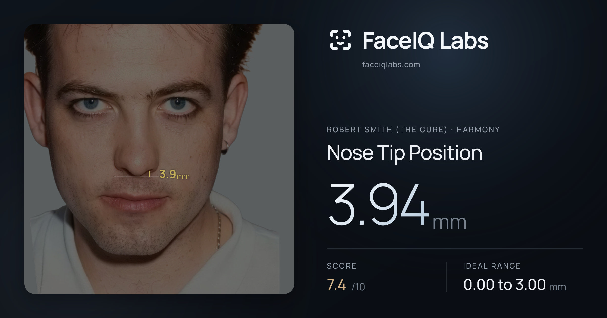 Robert Smith (The cure) Nose Tip Position: 3.94mm, drawn on the photo