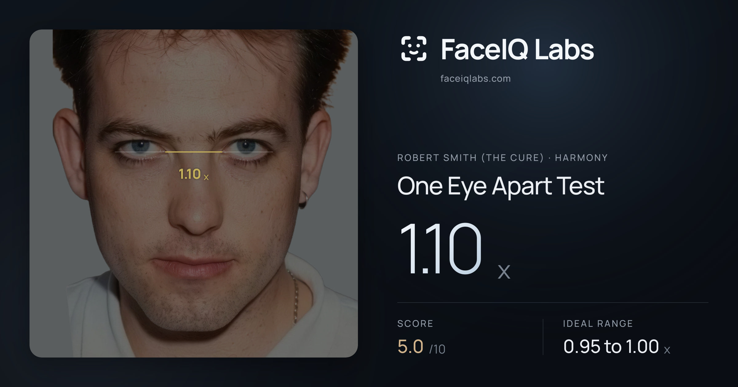 Robert Smith (The cure) One Eye Apart Test: 1.10x, drawn on the photo