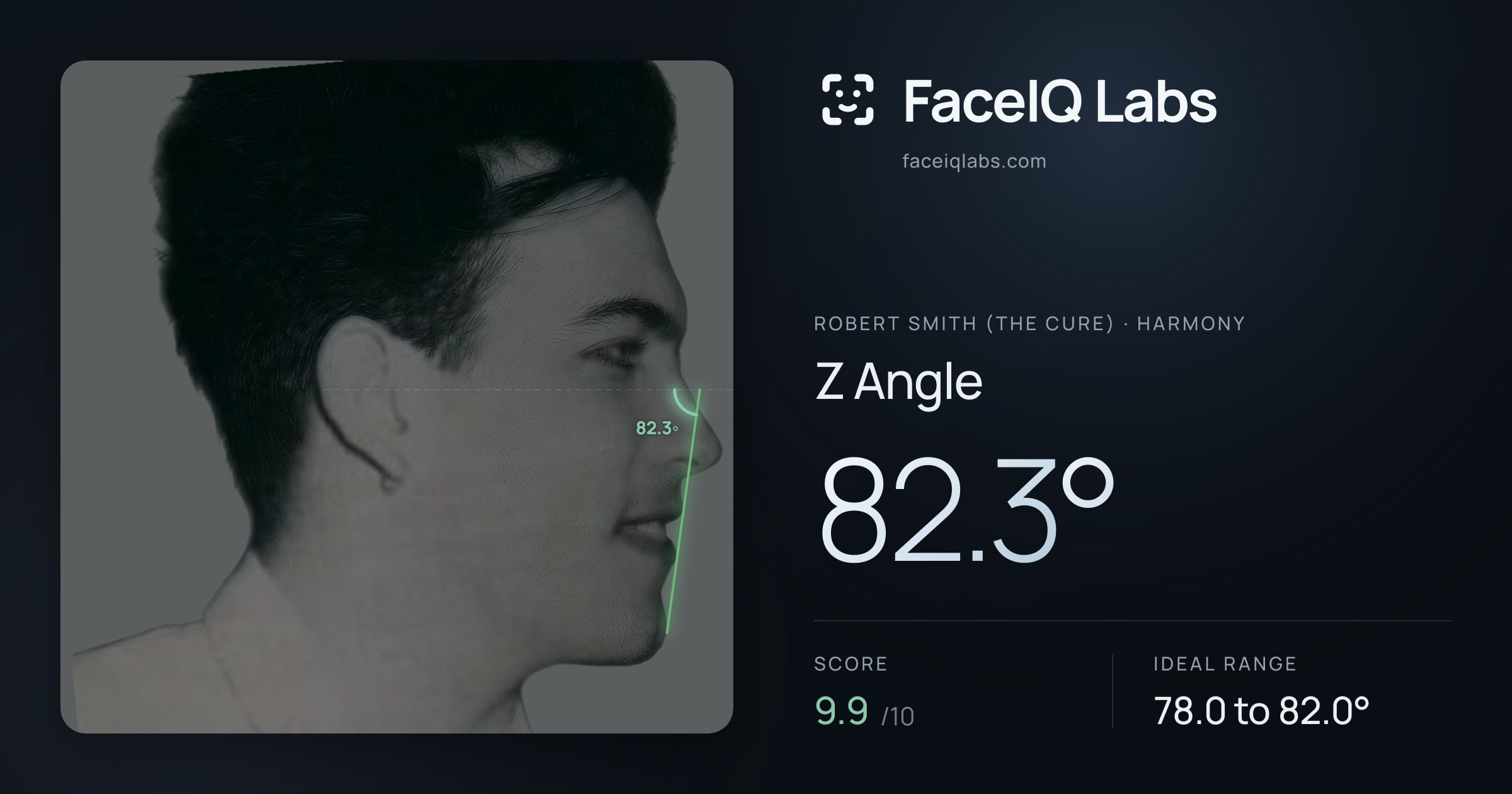 Robert Smith (The cure) Z Angle: 82.3°, drawn on the photo