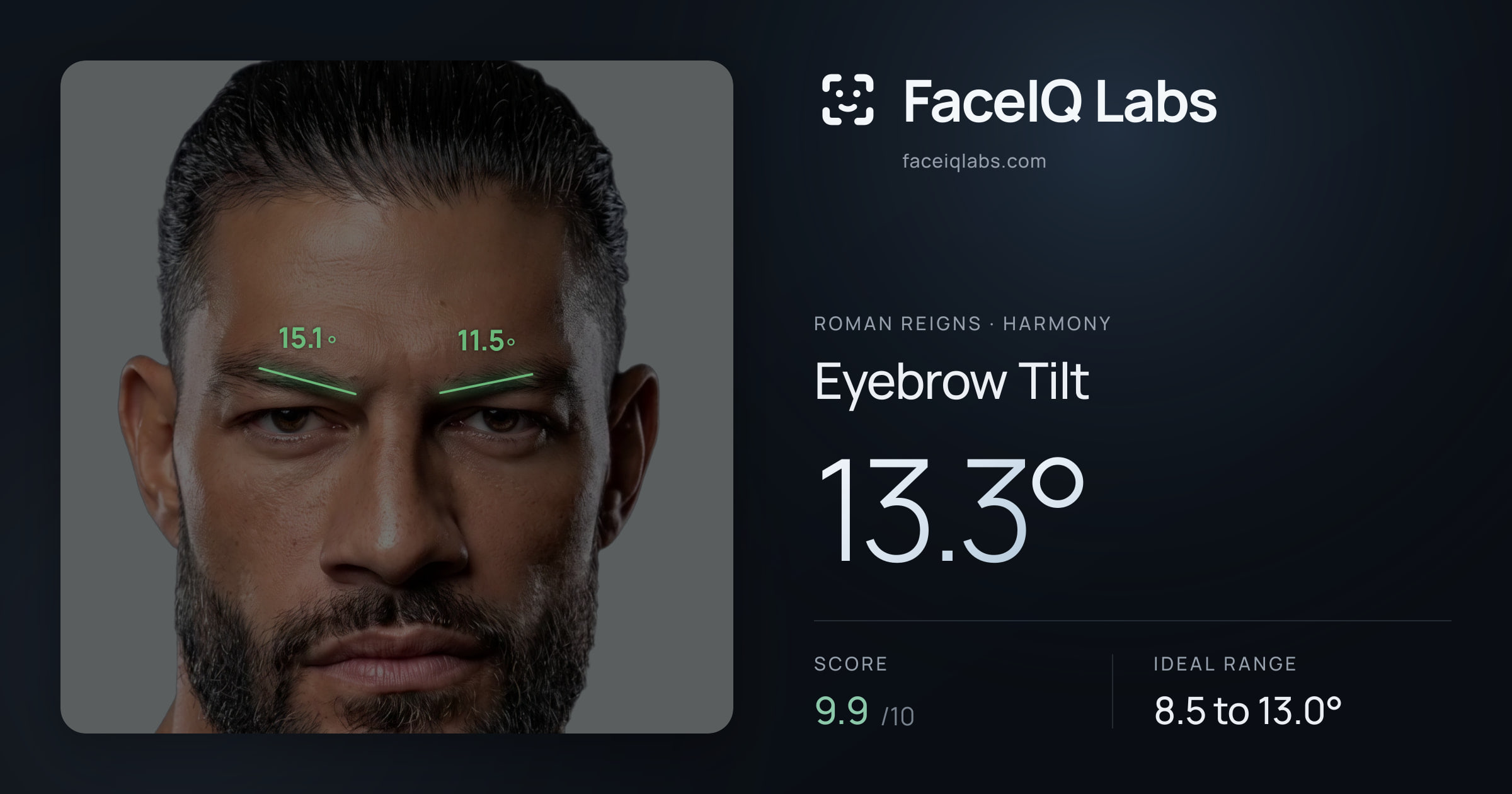 Roman Reigns Eyebrow Tilt: 13.3°, drawn on the photo