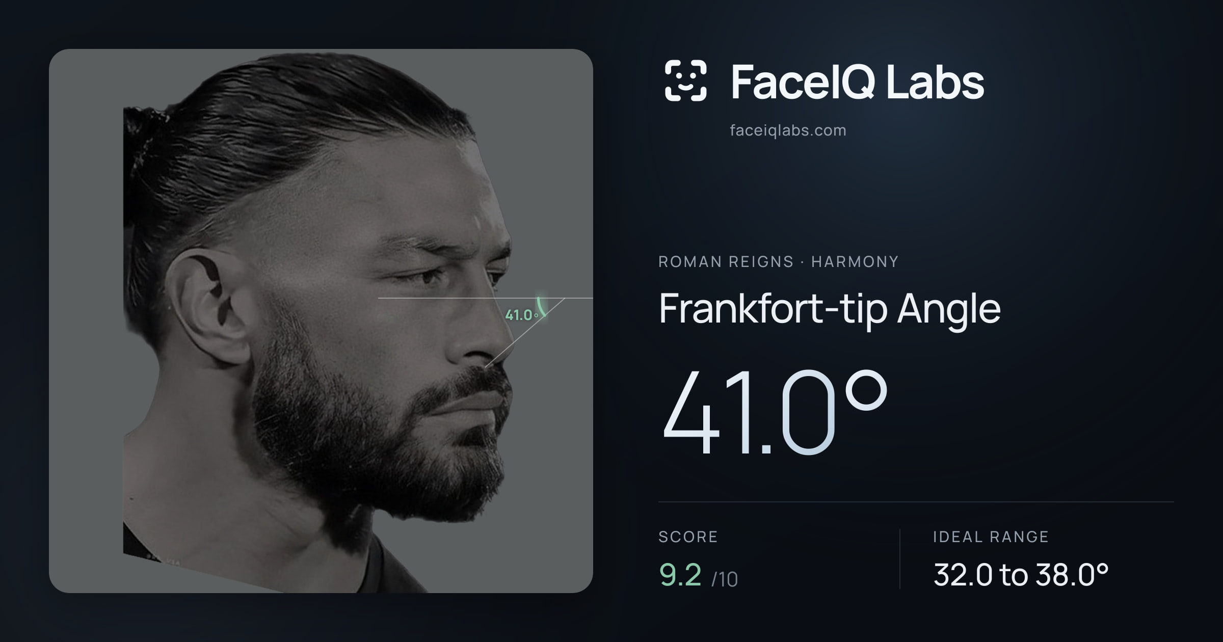 Roman Reigns Frankfort-tip Angle: 41.0°, drawn on the photo