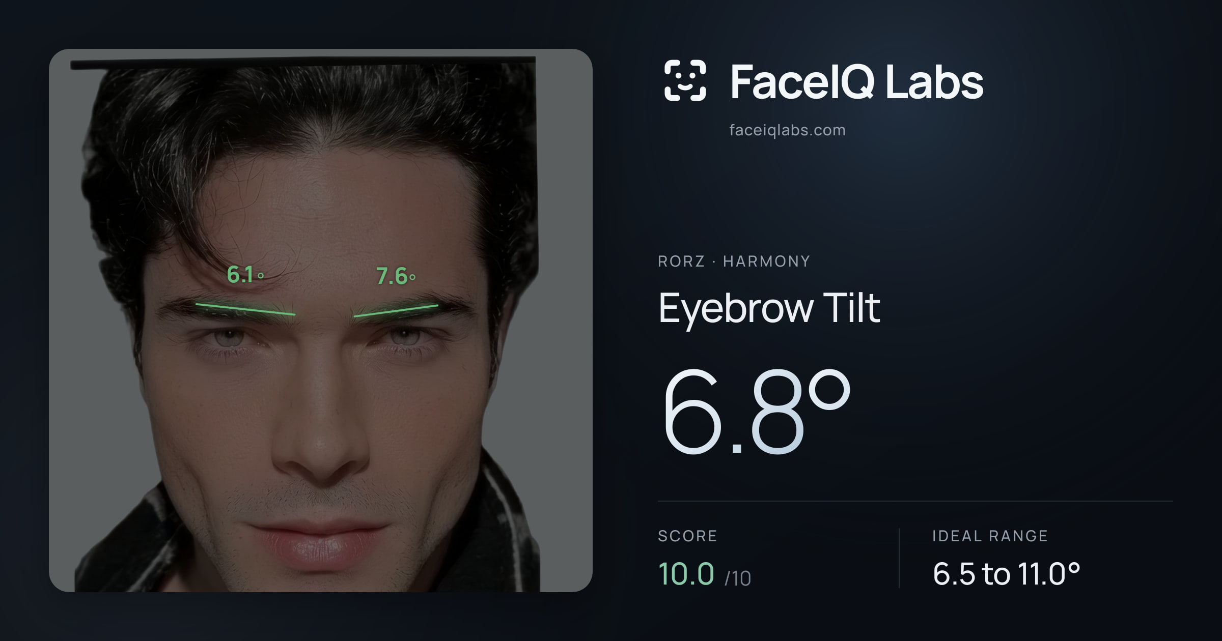 Rorz Eyebrow Tilt: 6.8°, drawn on the photo