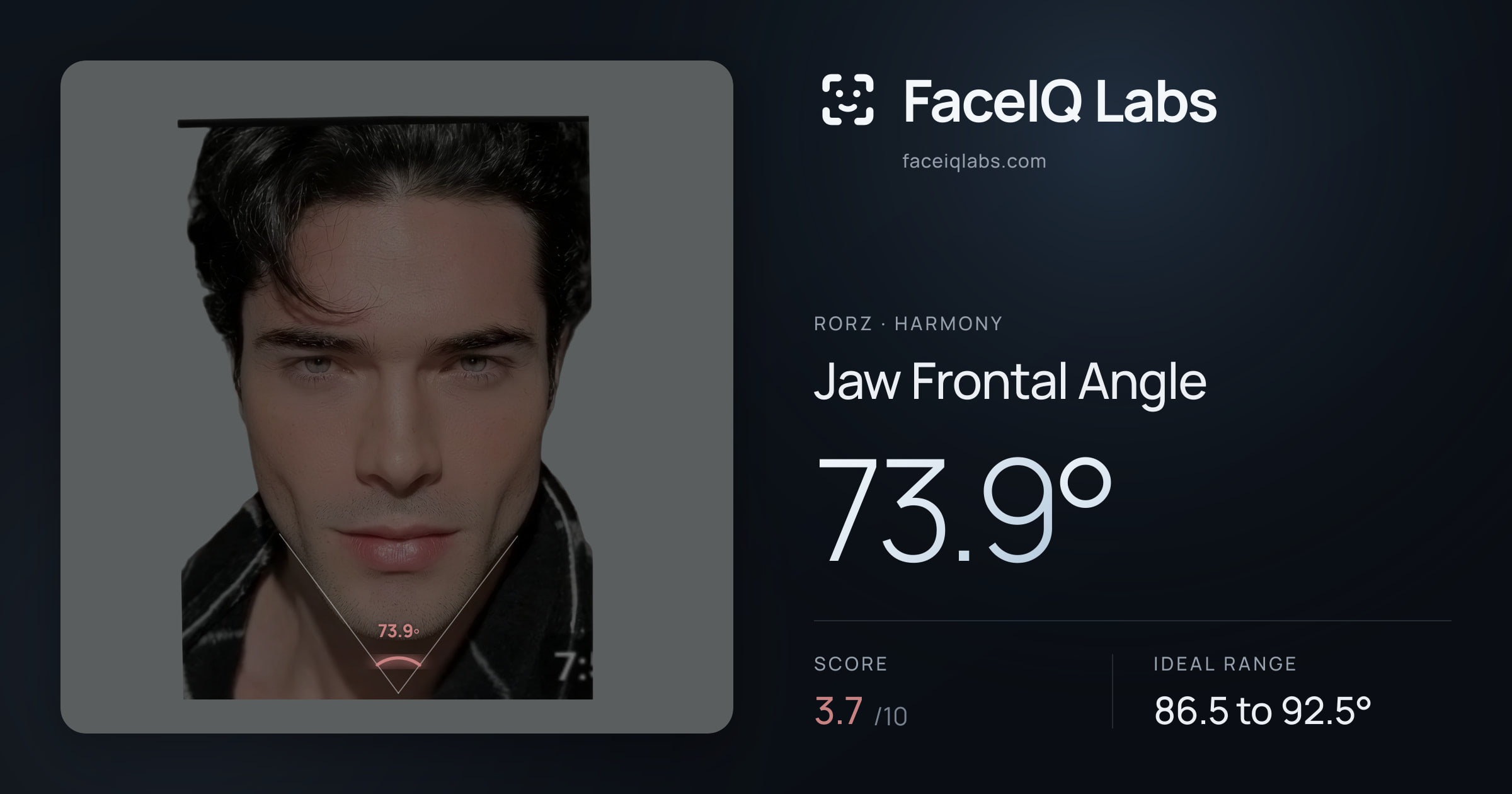 Rorz Jaw Frontal Angle: 73.9°, drawn on the photo