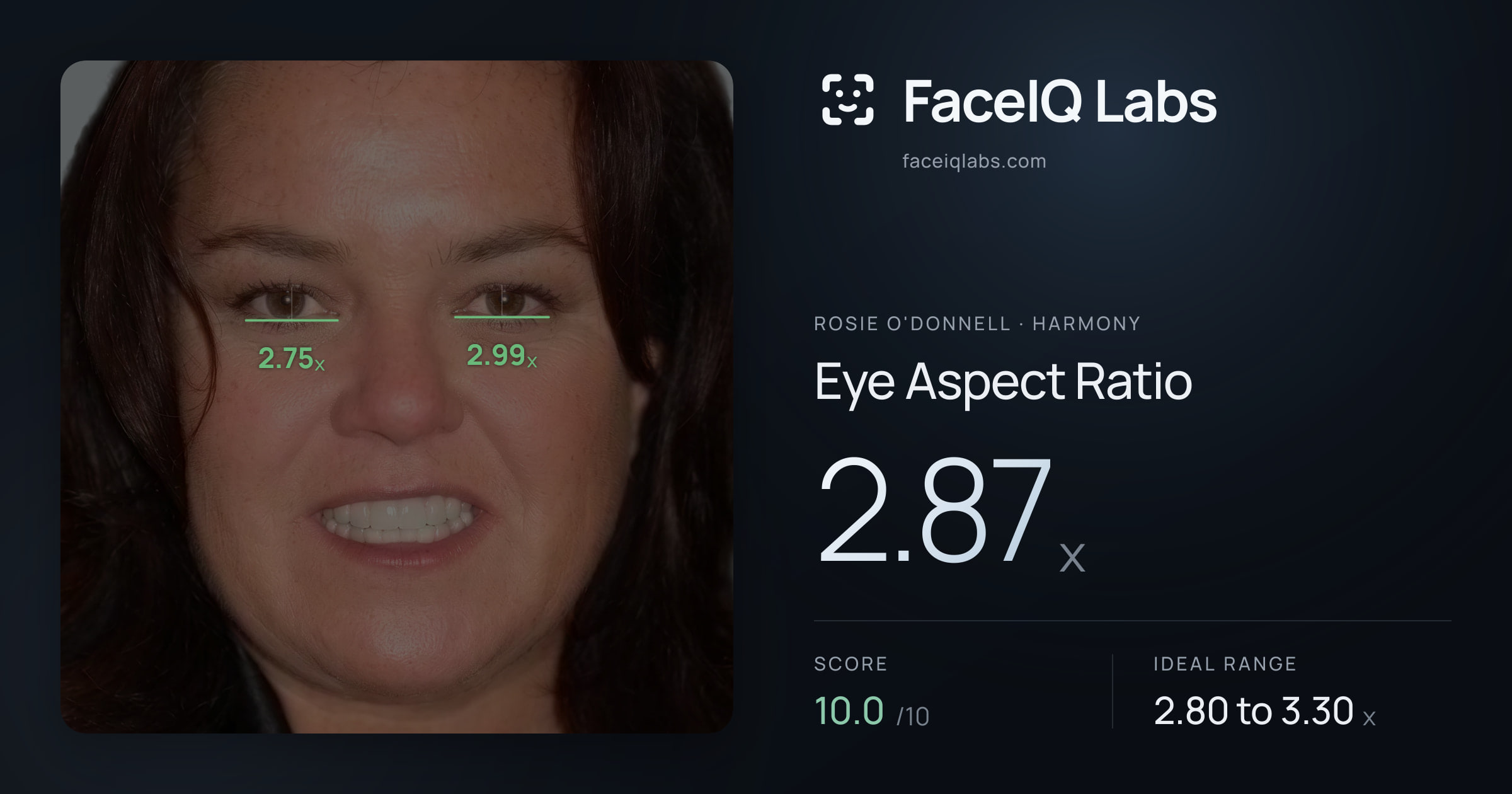 Rosie O'Donnell Eye Aspect Ratio: 2.87x, drawn on the photo