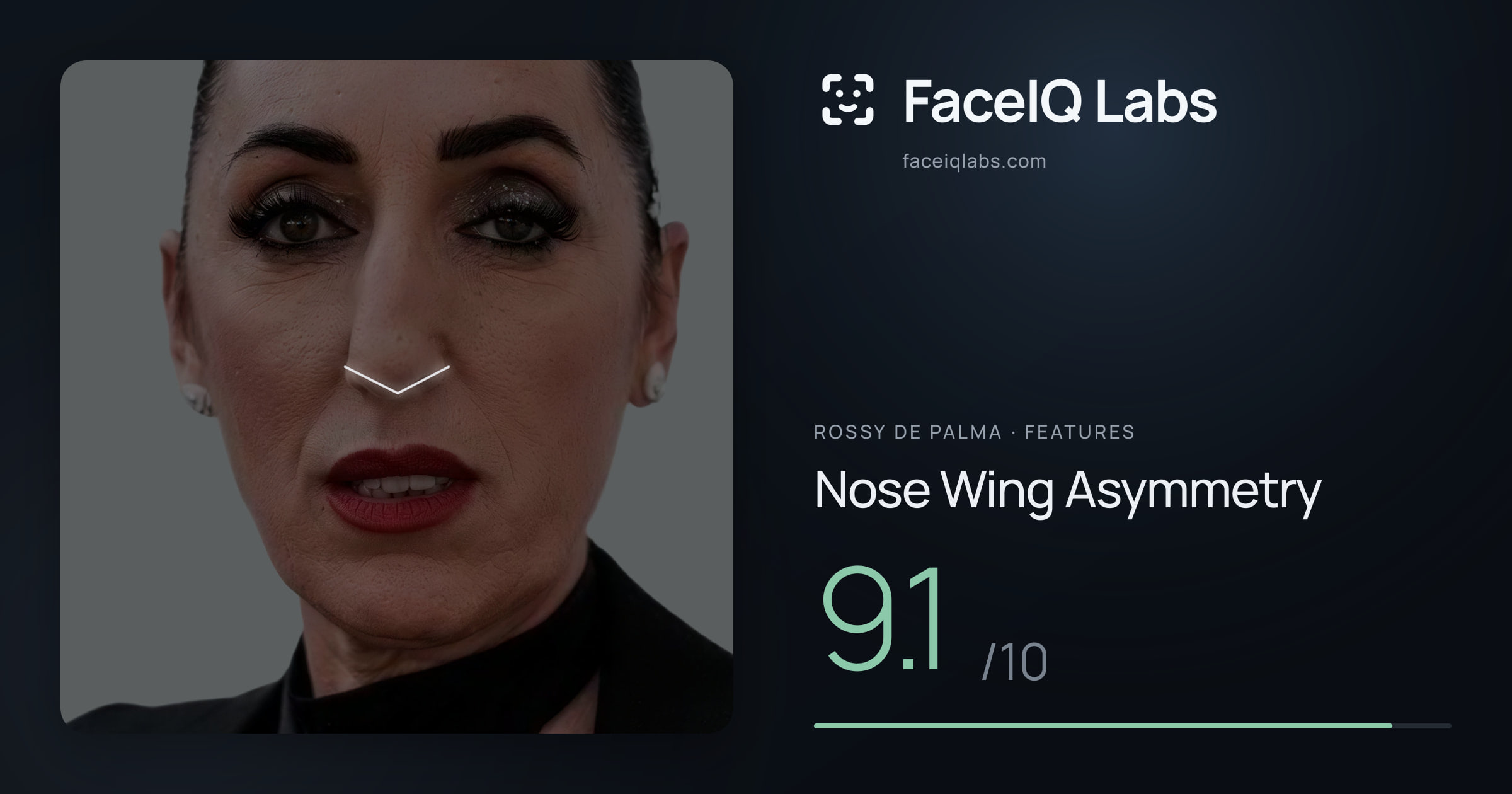 Rossy De Palma Nose Wing Asymmetry: 9.1/10, drawn on the photo
