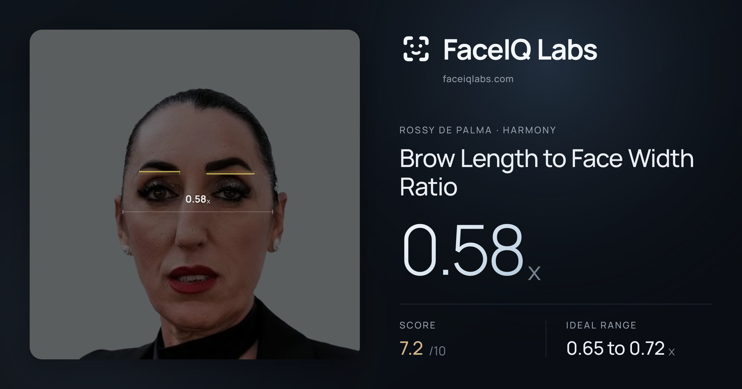 Rossy De Palma Brow Length to Face Width Ratio: 0.58x, drawn on the photo
