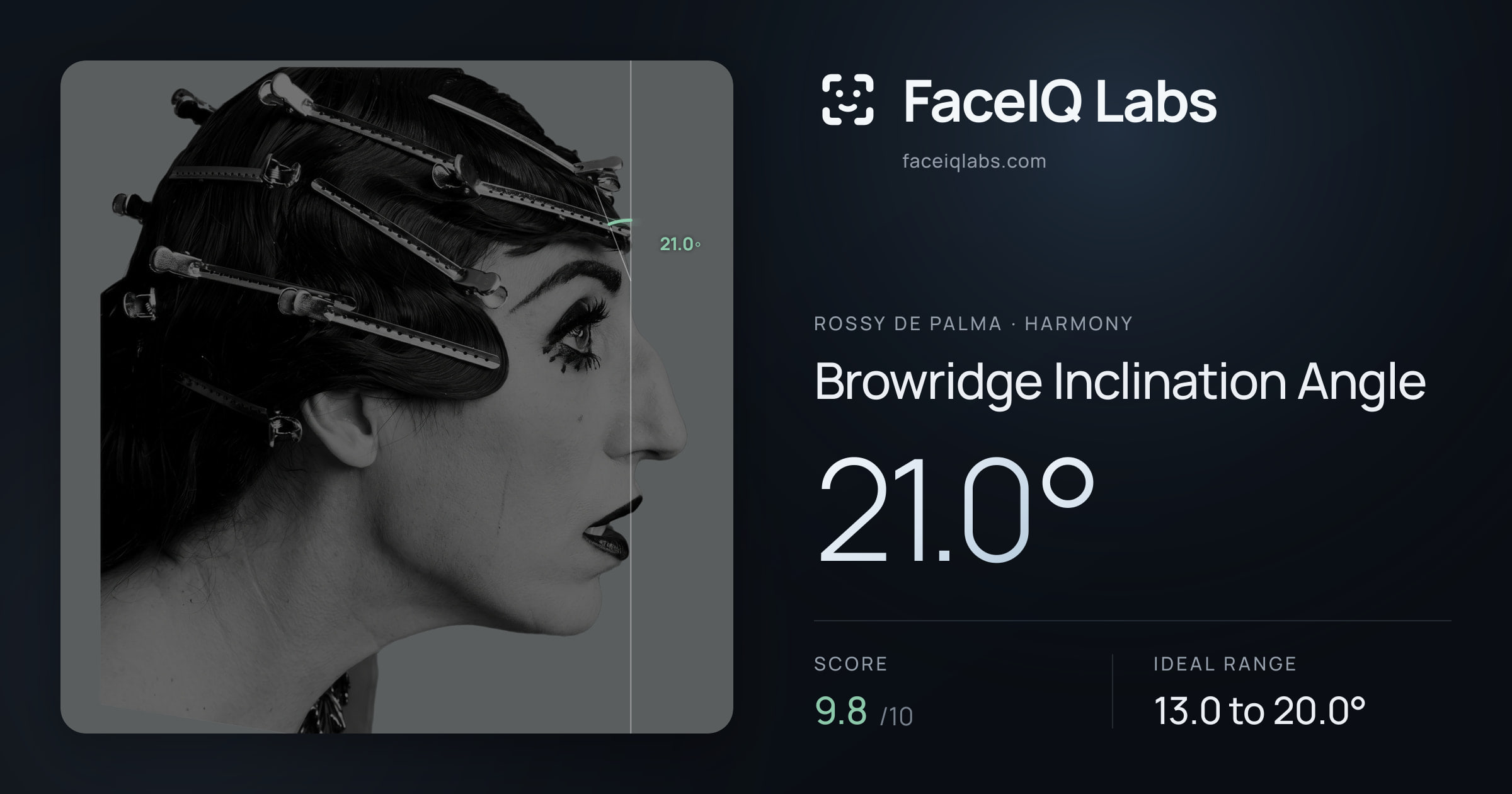 Rossy De Palma Browridge Inclination Angle: 21.0°, drawn on the photo