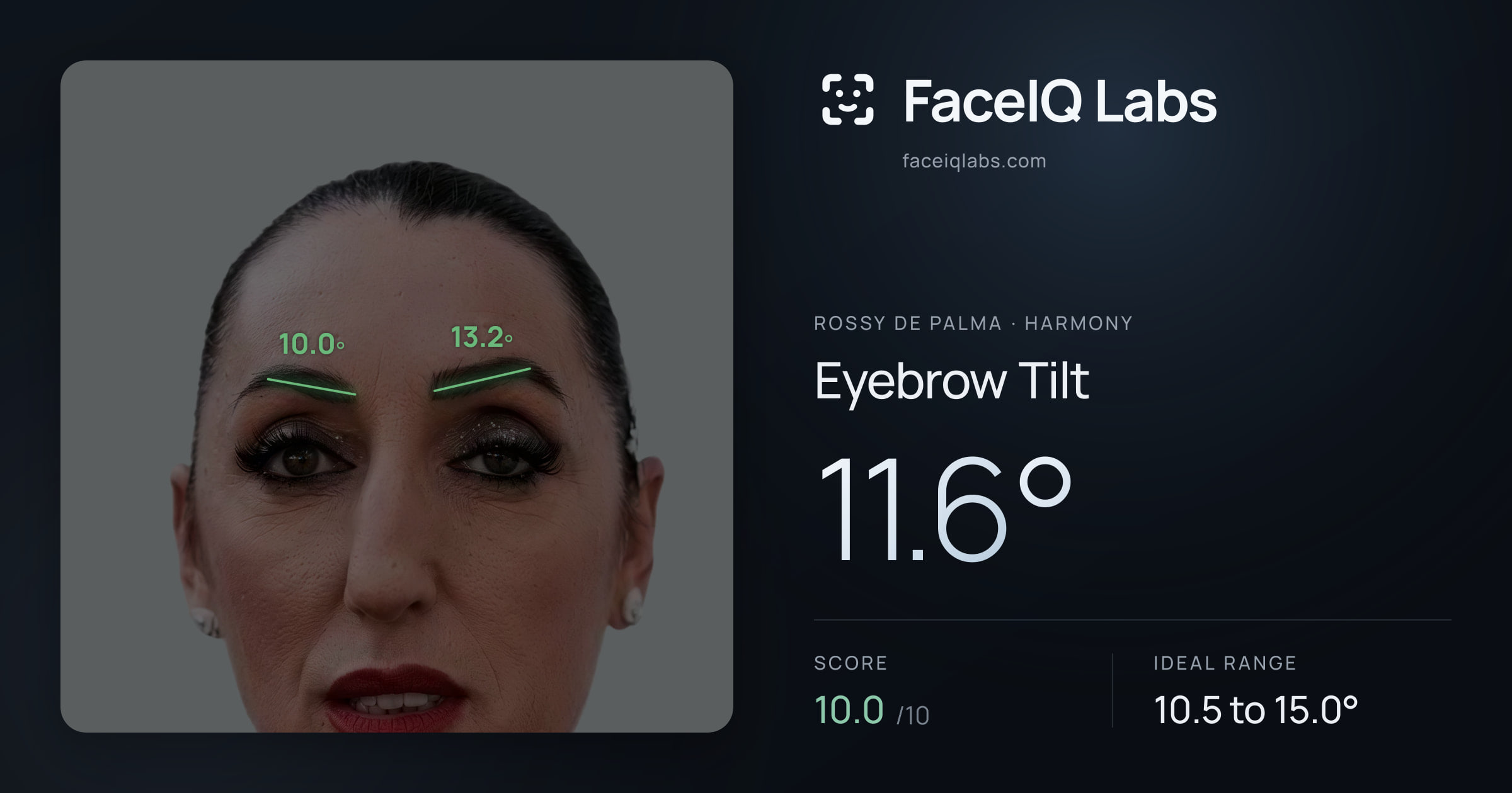 Rossy De Palma Eyebrow Tilt: 11.6°, drawn on the photo