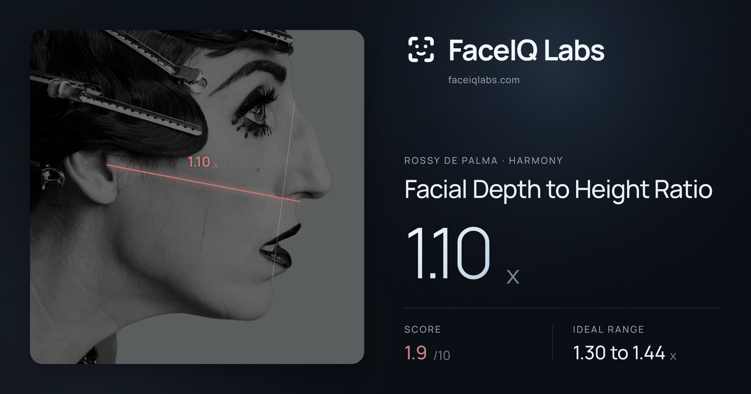 Rossy De Palma Facial Depth to Height Ratio: 1.10x, drawn on the photo