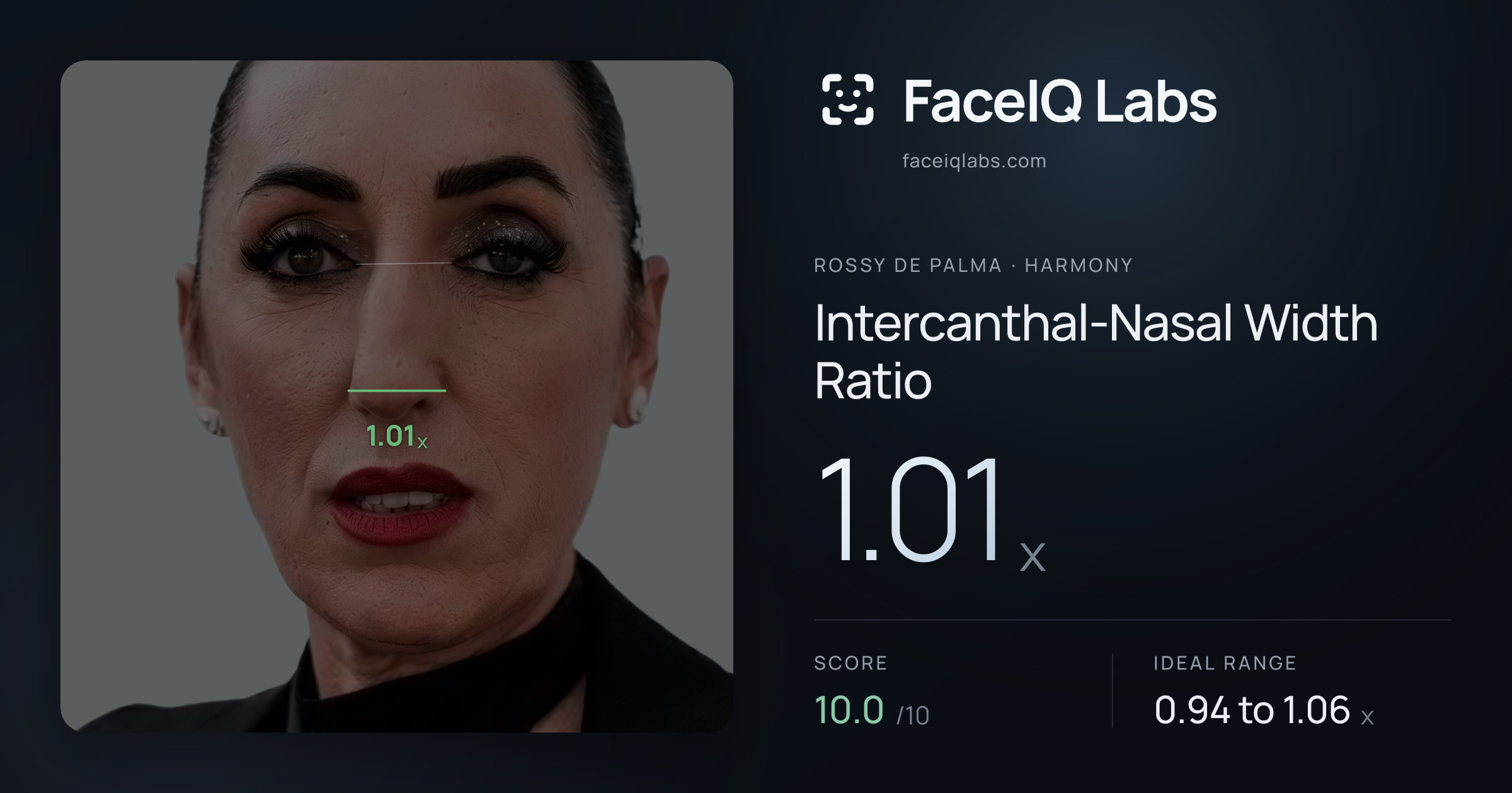 Rossy De Palma Intercanthal-Nasal Width Ratio: 1.01x, drawn on the photo