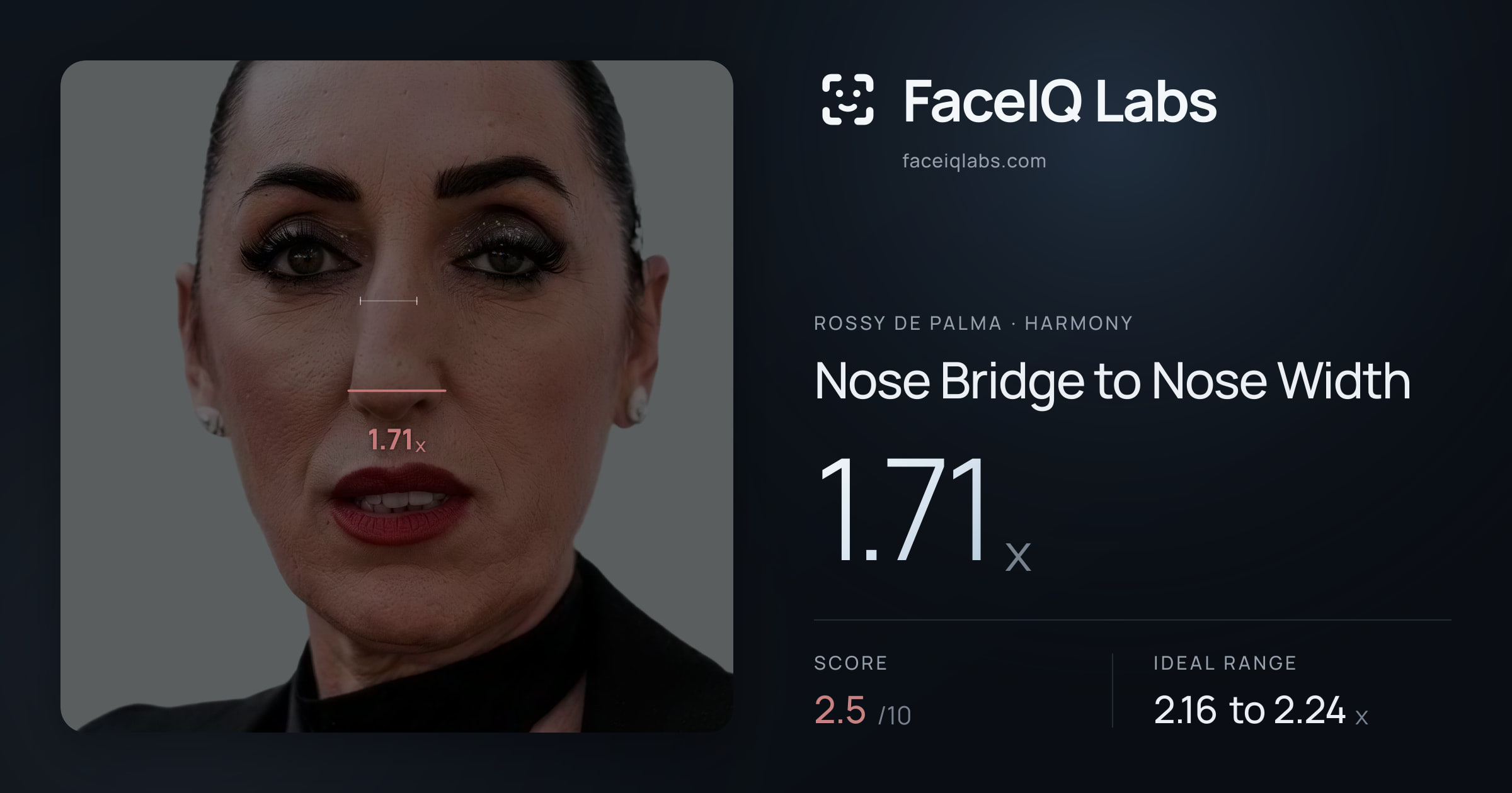 Rossy De Palma Nose Bridge to Nose Width: 1.71x, drawn on the photo