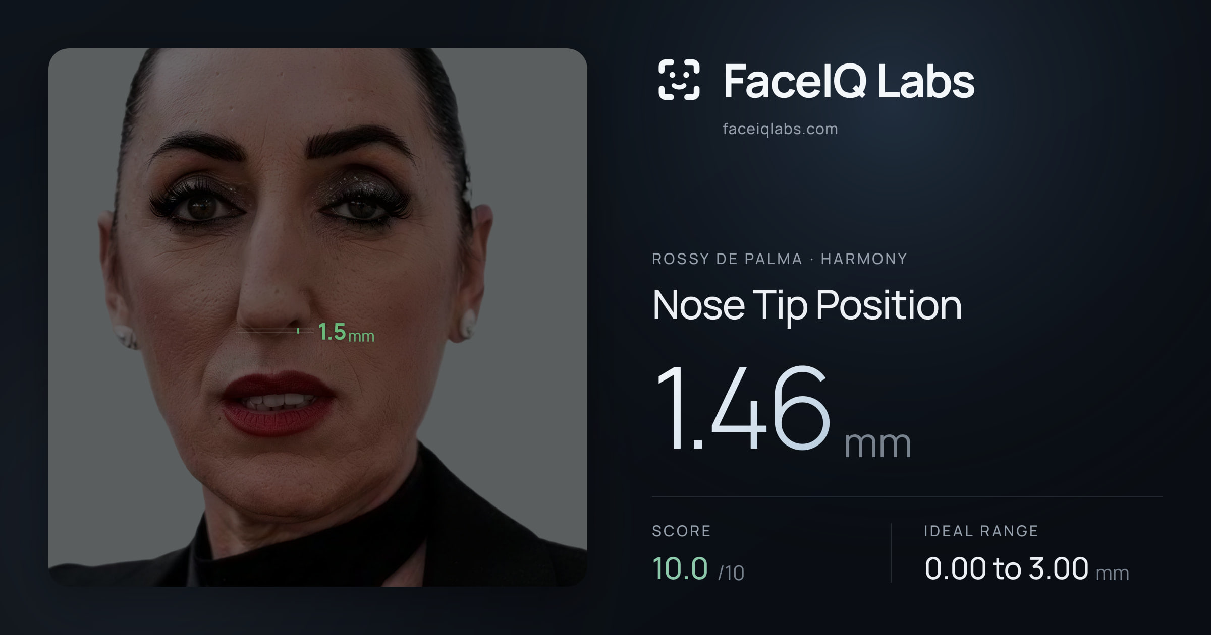 Rossy De Palma Nose Tip Position: 1.46mm, drawn on the photo
