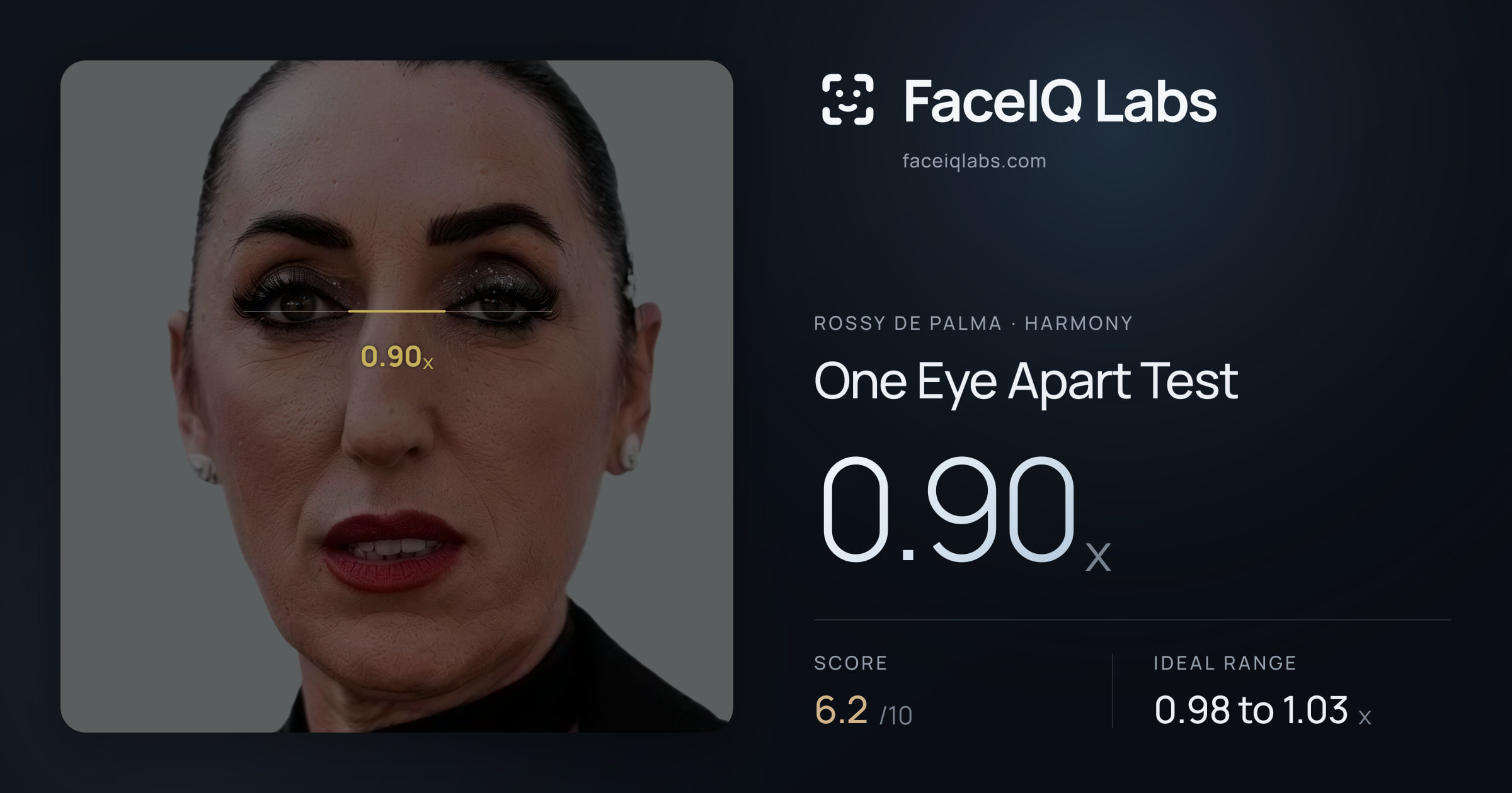 Rossy De Palma One Eye Apart Test: 0.90x, drawn on the photo