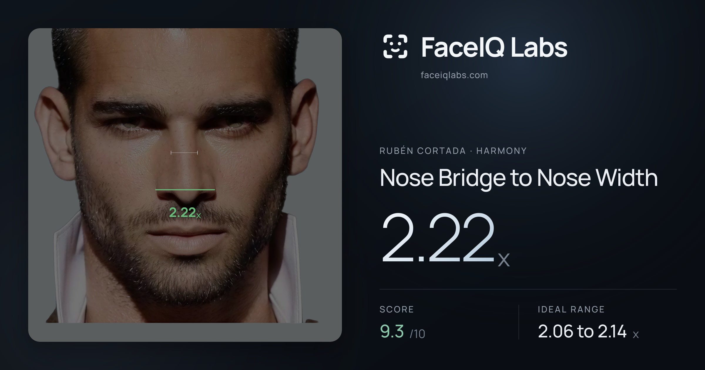 Rubén Cortada Nose Bridge to Nose Width: 2.22x, drawn on the photo