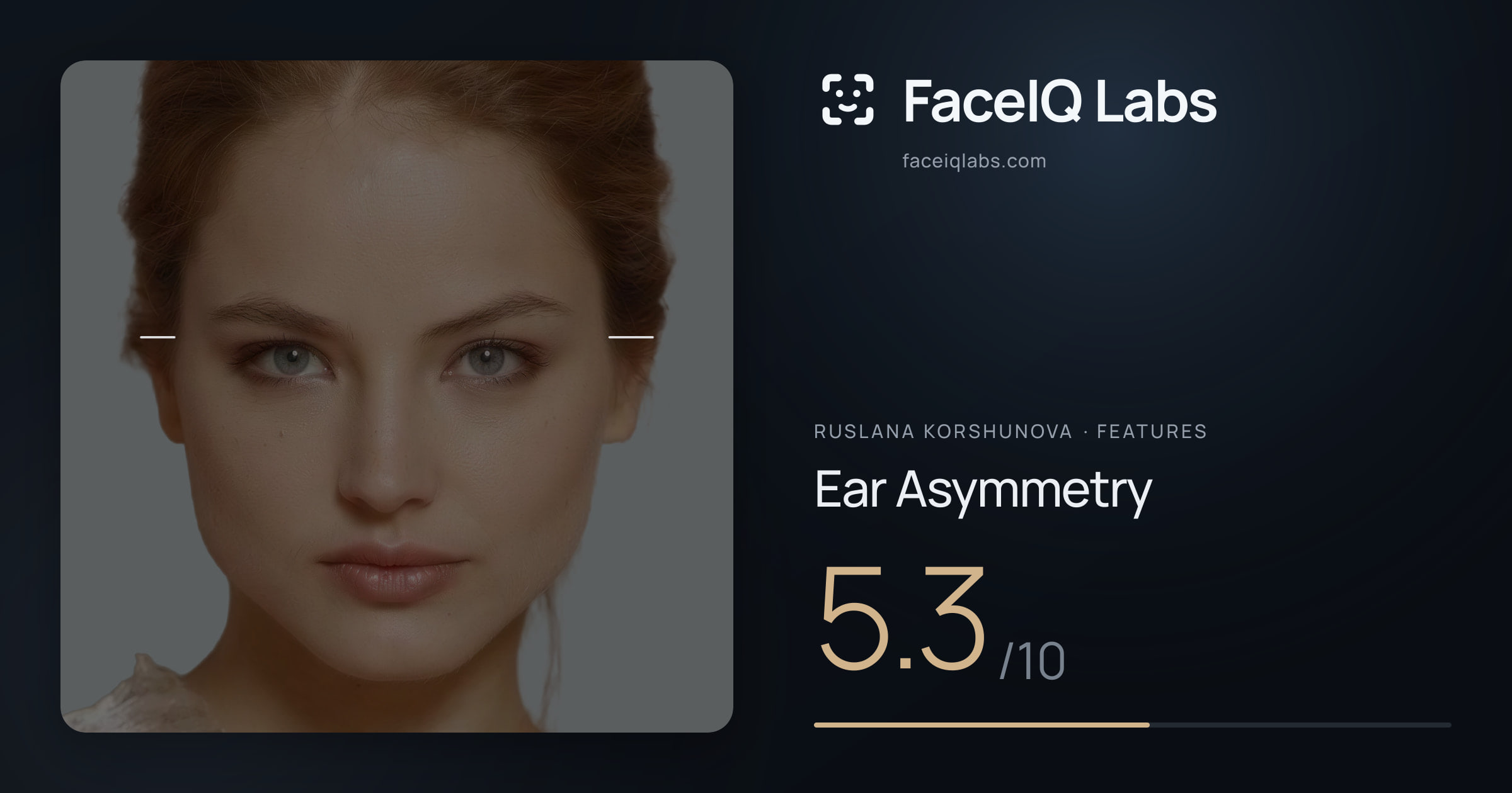 Ruslana Korshunova Ear Asymmetry: 5.3/10, drawn on the photo
