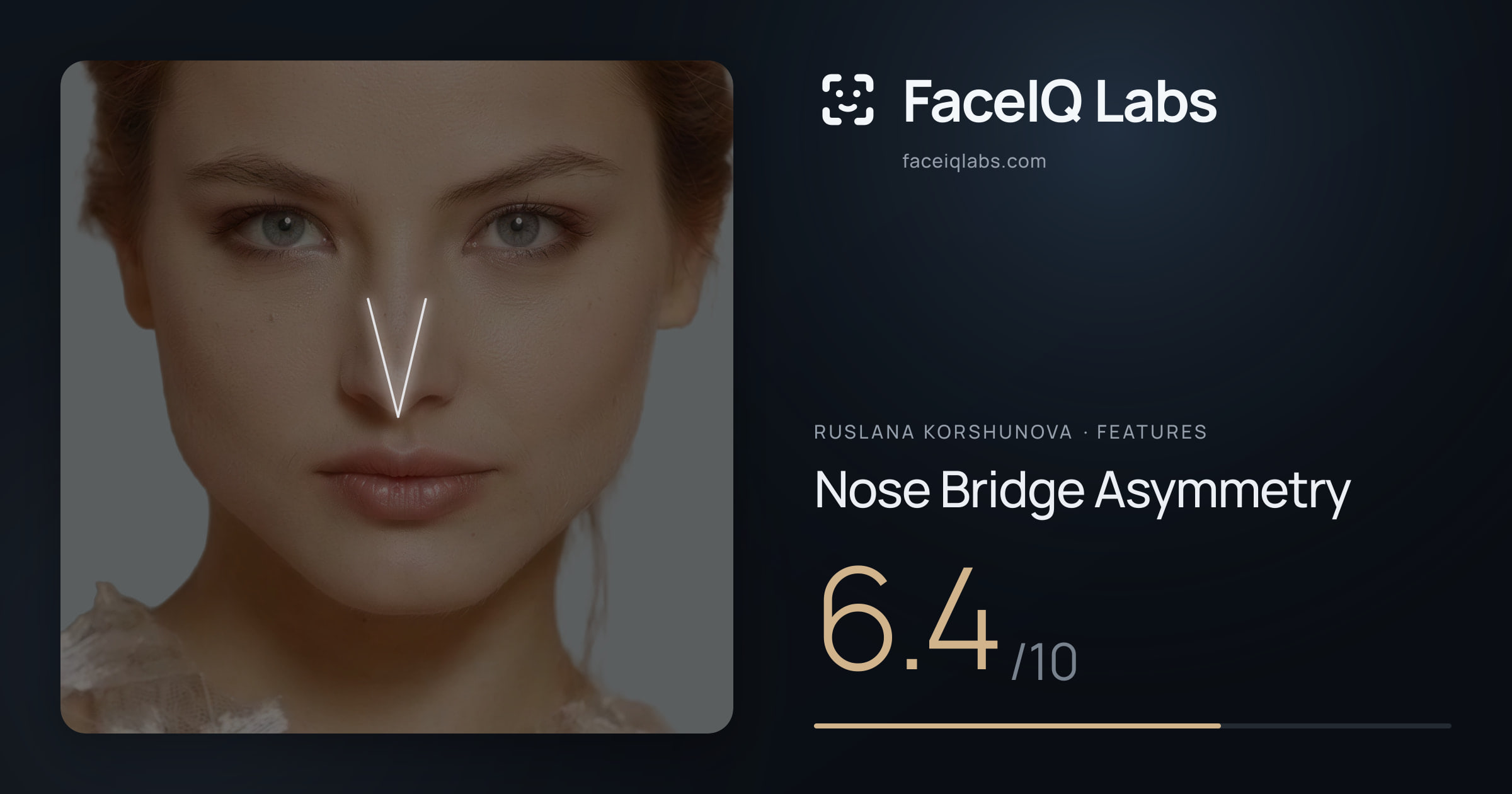 Ruslana Korshunova Nose Bridge Asymmetry: 6.4/10, drawn on the photo