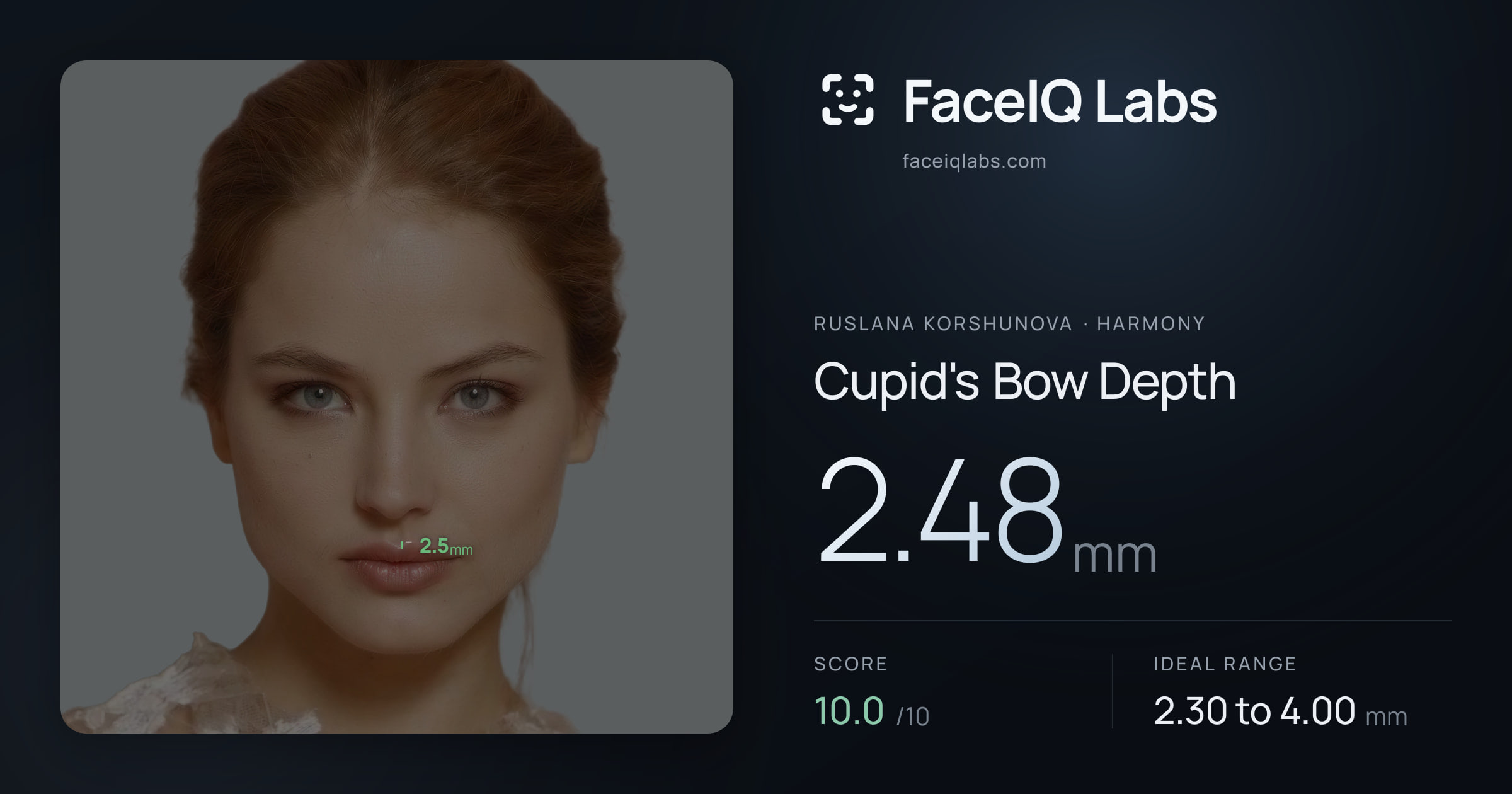 Ruslana Korshunova Cupid's Bow Depth: 2.48mm, drawn on the photo