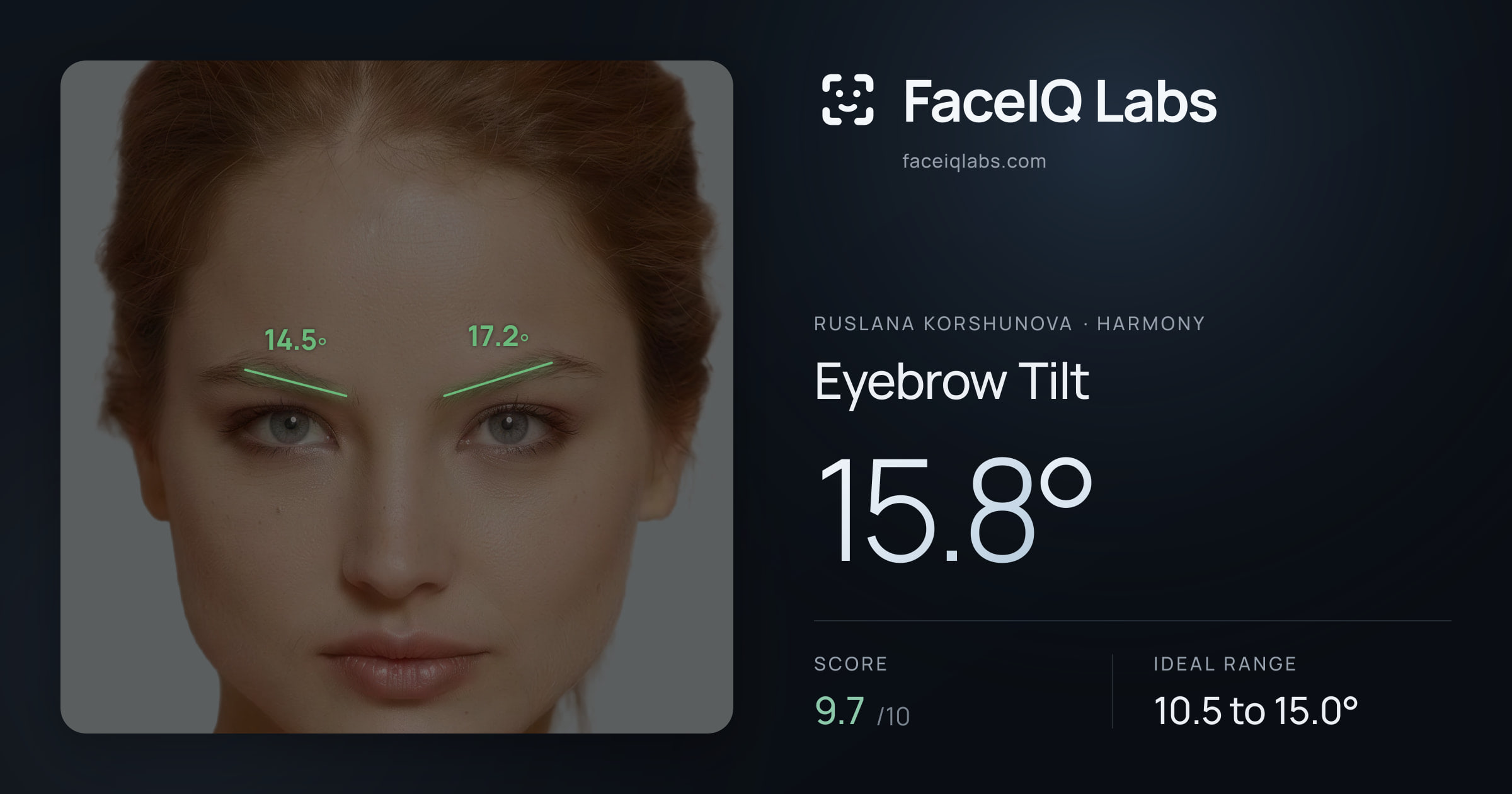 Ruslana Korshunova Eyebrow Tilt: 15.8°, drawn on the photo