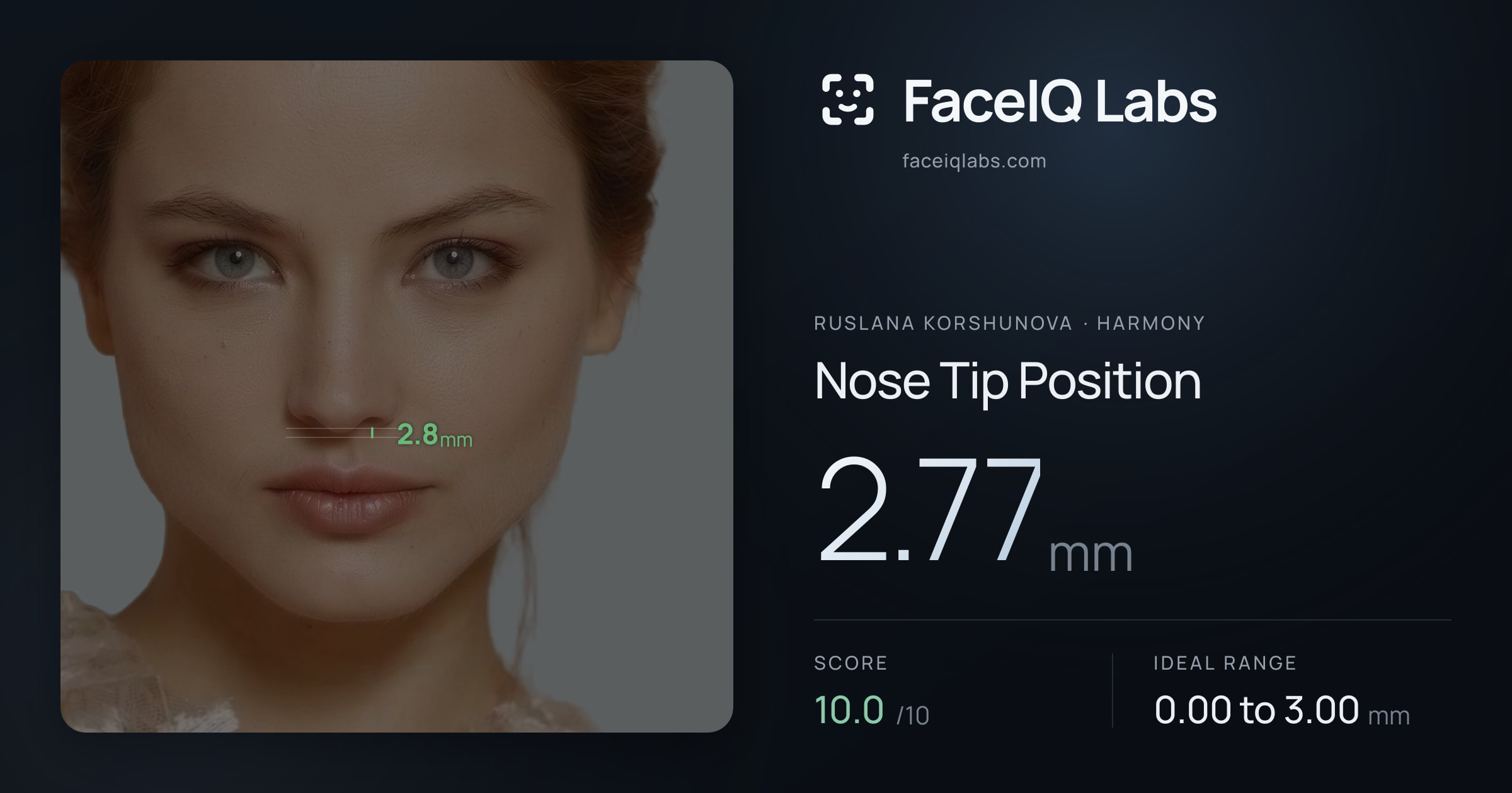 Ruslana Korshunova Nose Tip Position: 2.77mm, drawn on the photo