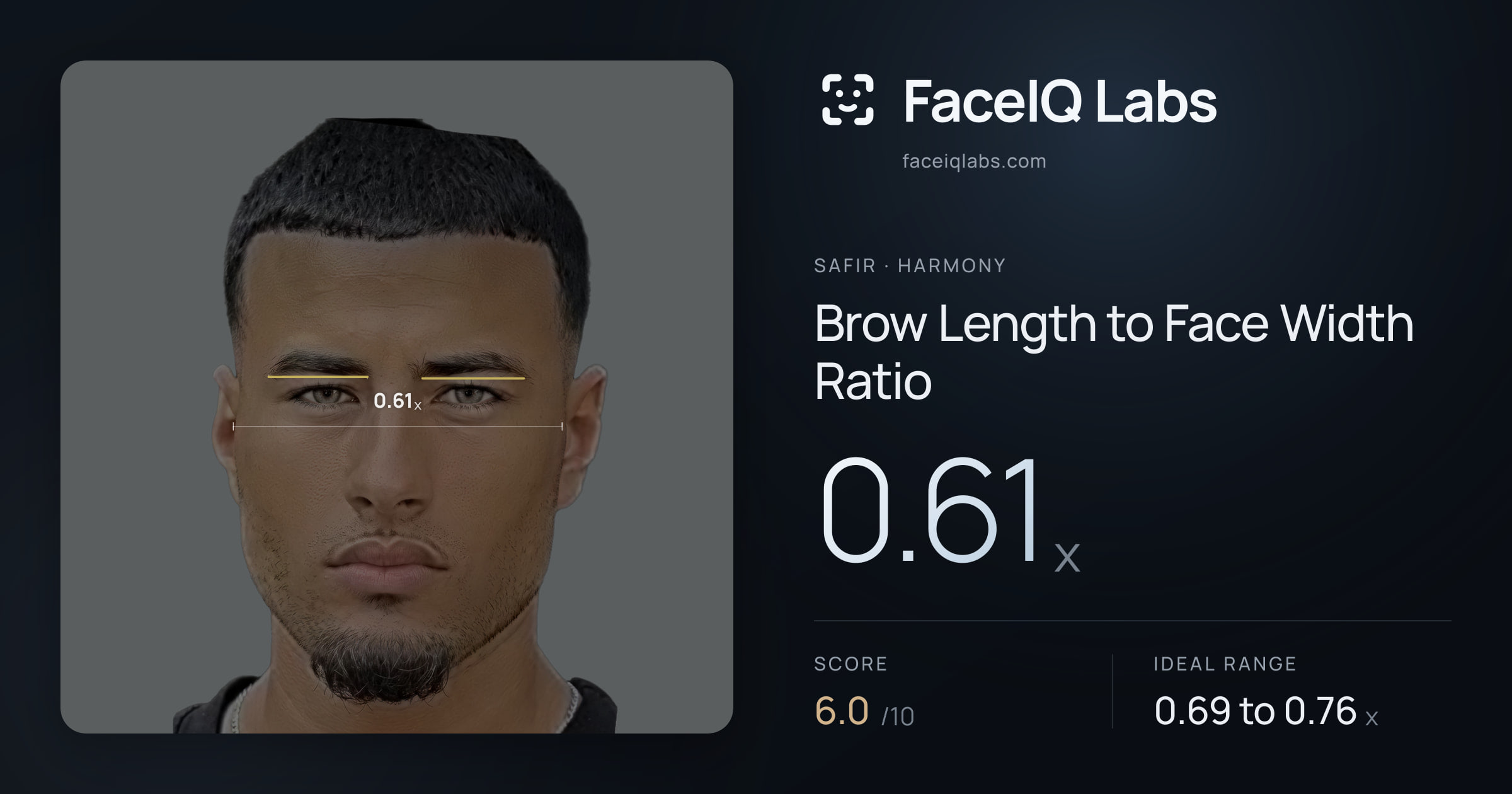 Safir Brow Length to Face Width Ratio: 0.61x, drawn on the photo