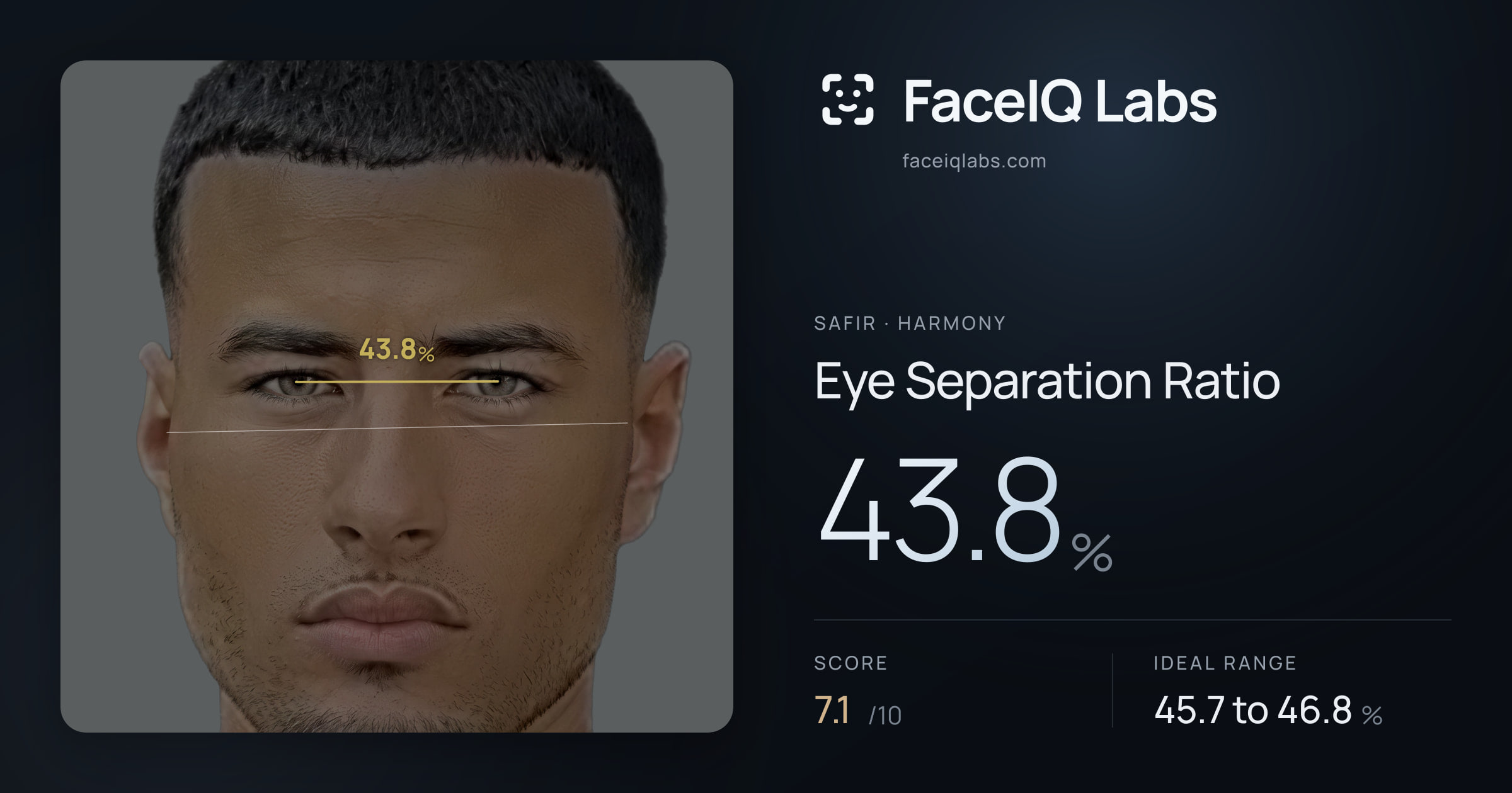 Safir Eye Separation Ratio: 43.8%, drawn on the photo