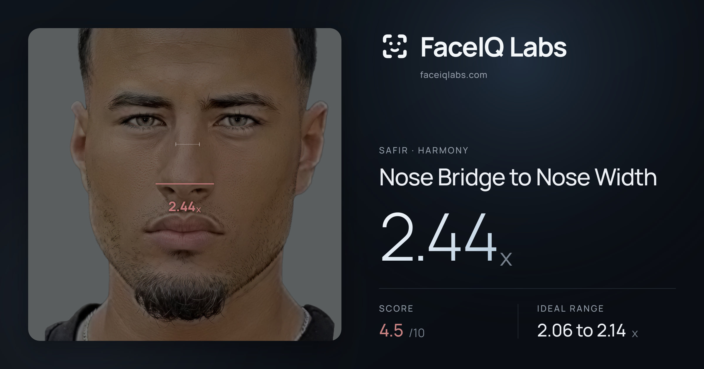 Safir Nose Bridge to Nose Width: 2.34x, drawn on the photo