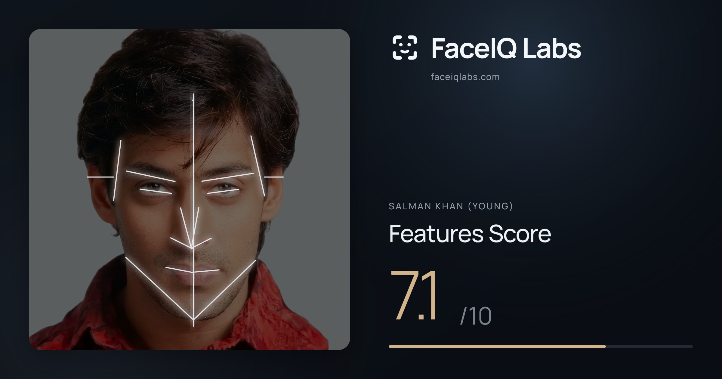 Salman Khan (Young) Features: 7.1/10, with each assessment drawn on the photo