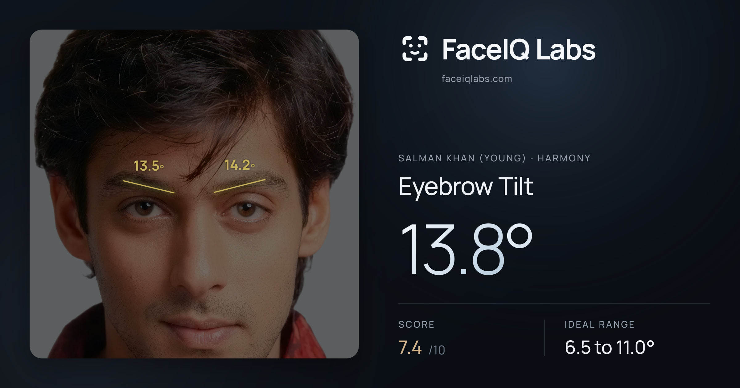 Salman Khan (Young) Eyebrow Tilt: 13.8°, drawn on the photo