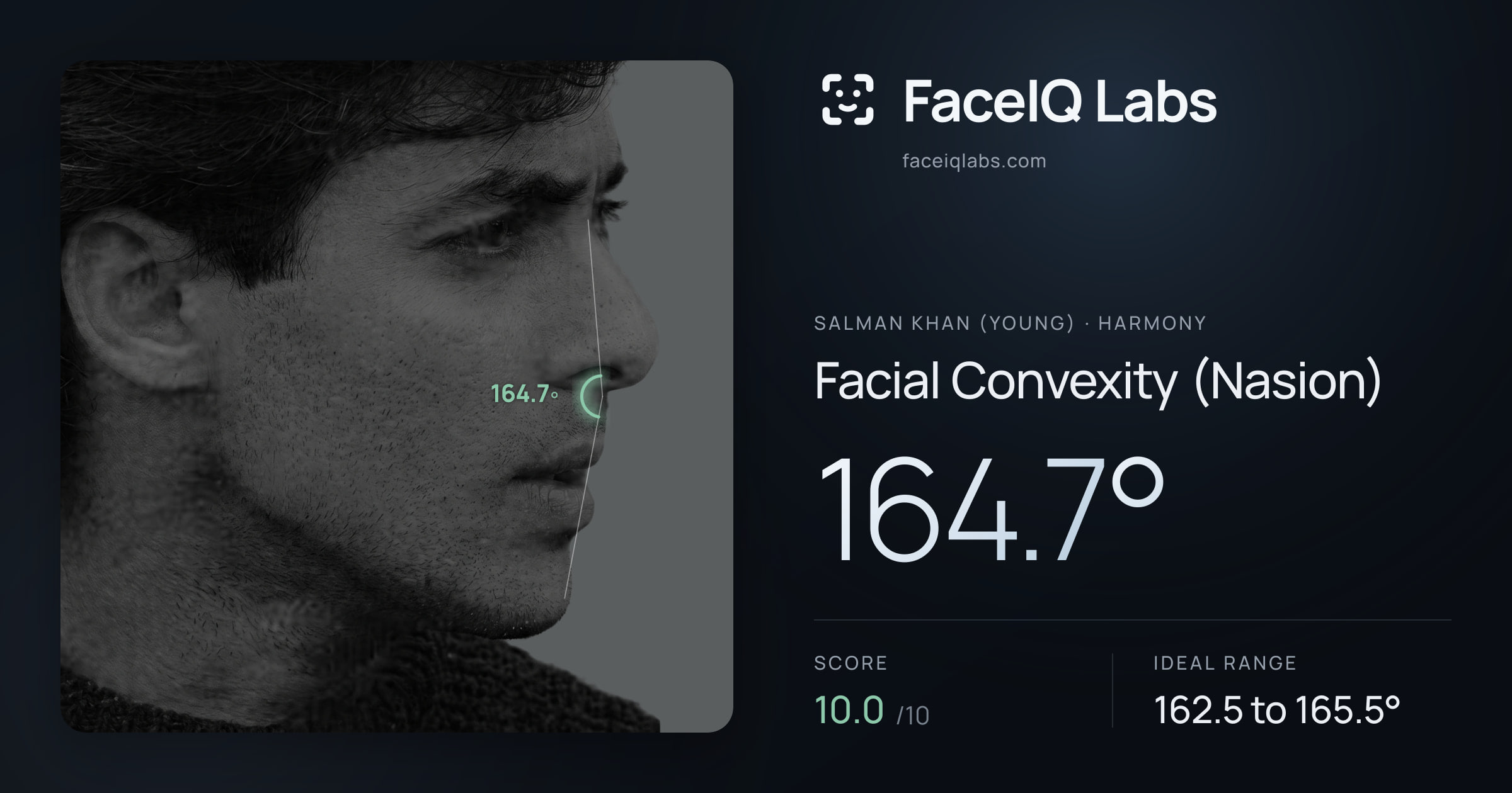 Salman Khan (Young) Facial Convexity (Nasion): 164.7°, drawn on the photo