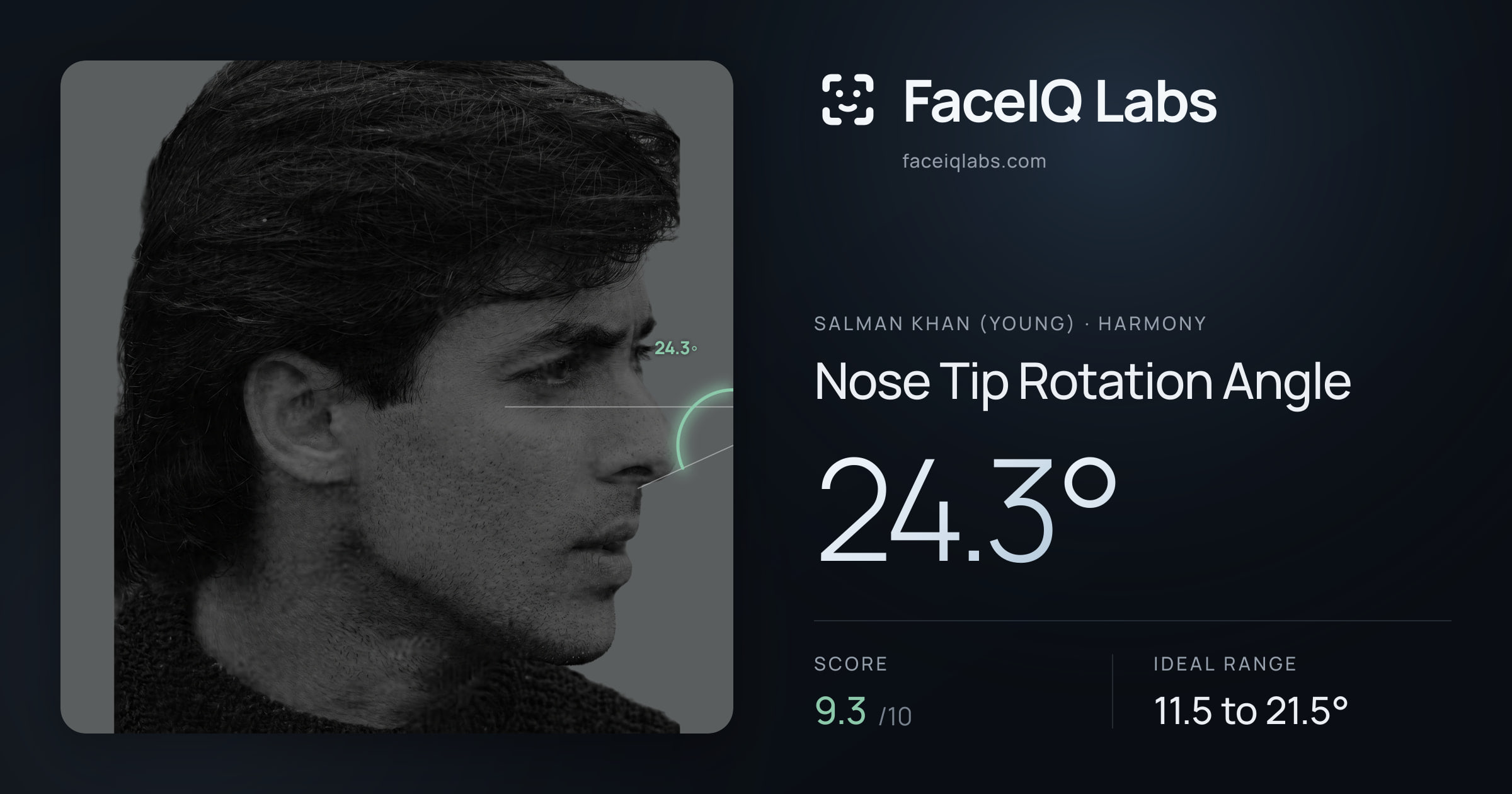Salman Khan (Young) Nose Tip Rotation Angle: 24.3°, drawn on the photo