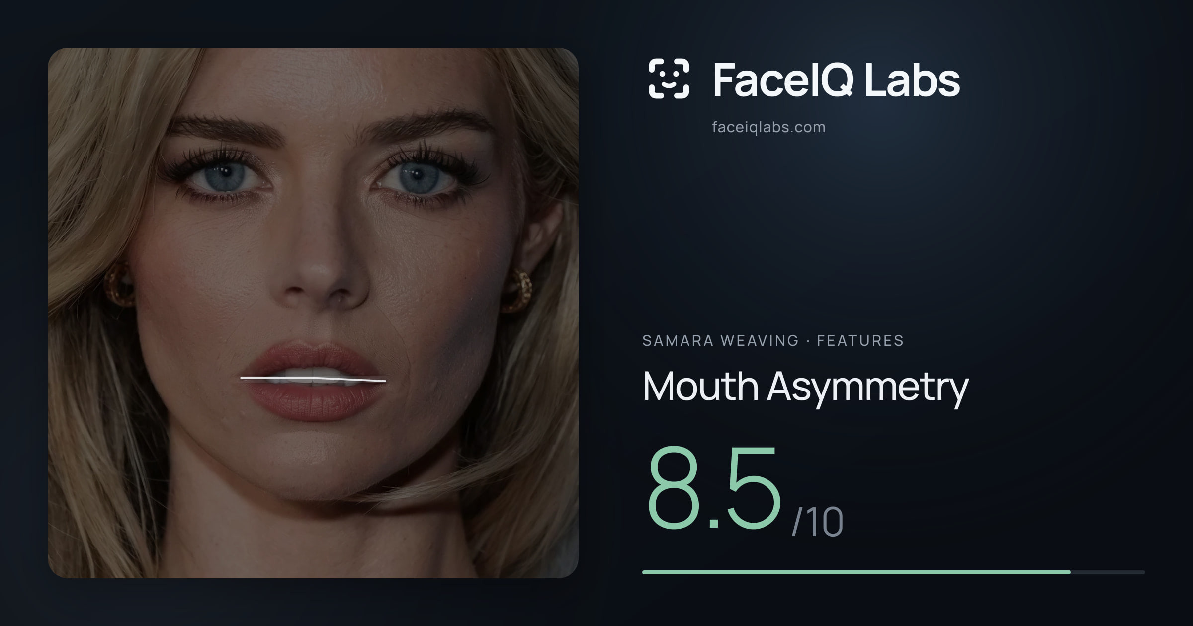 Samara Weaving Mouth Asymmetry: 8.5/10, drawn on the photo