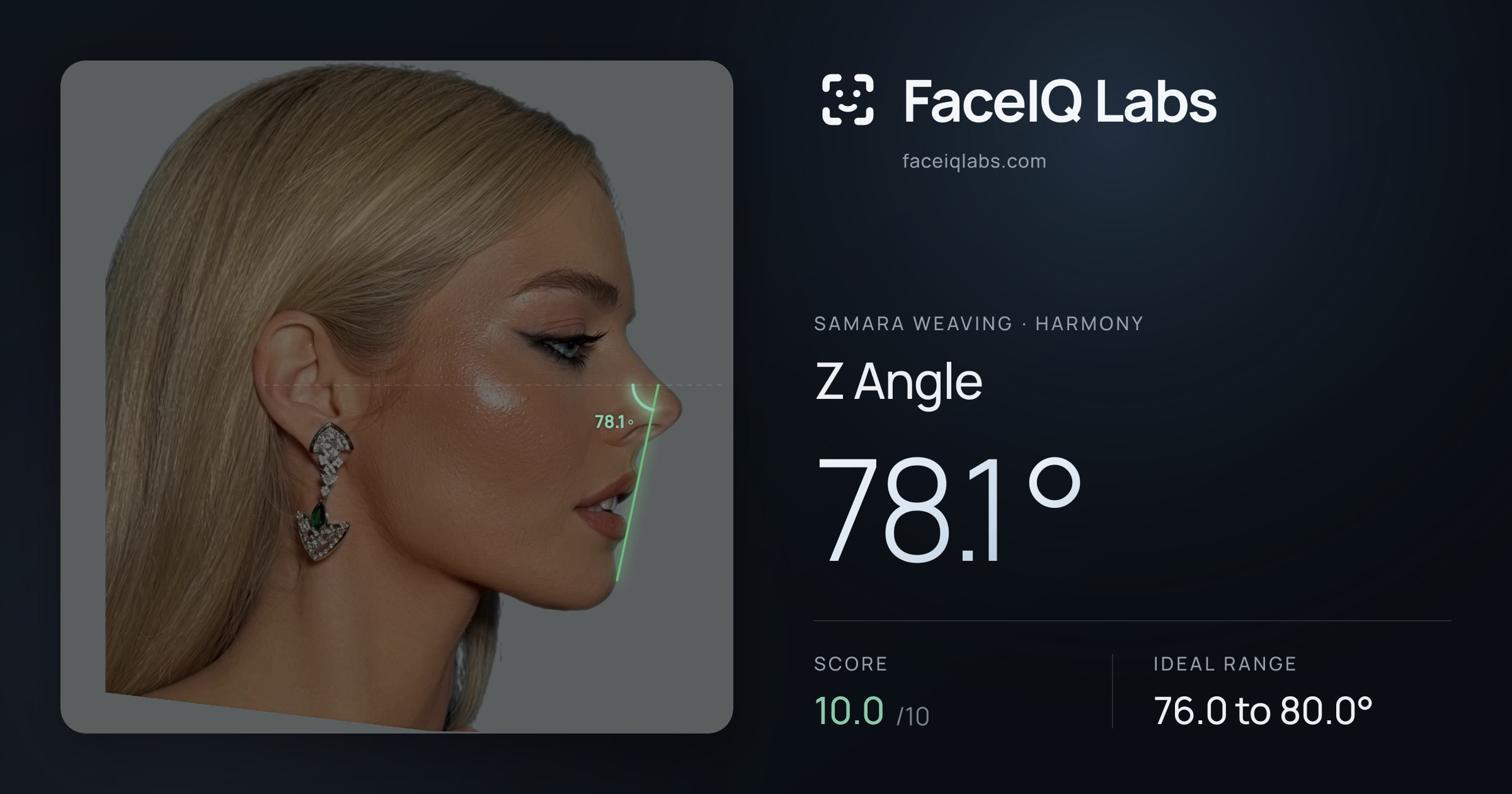 Samara Weaving Z Angle: 78.1°, drawn on the photo