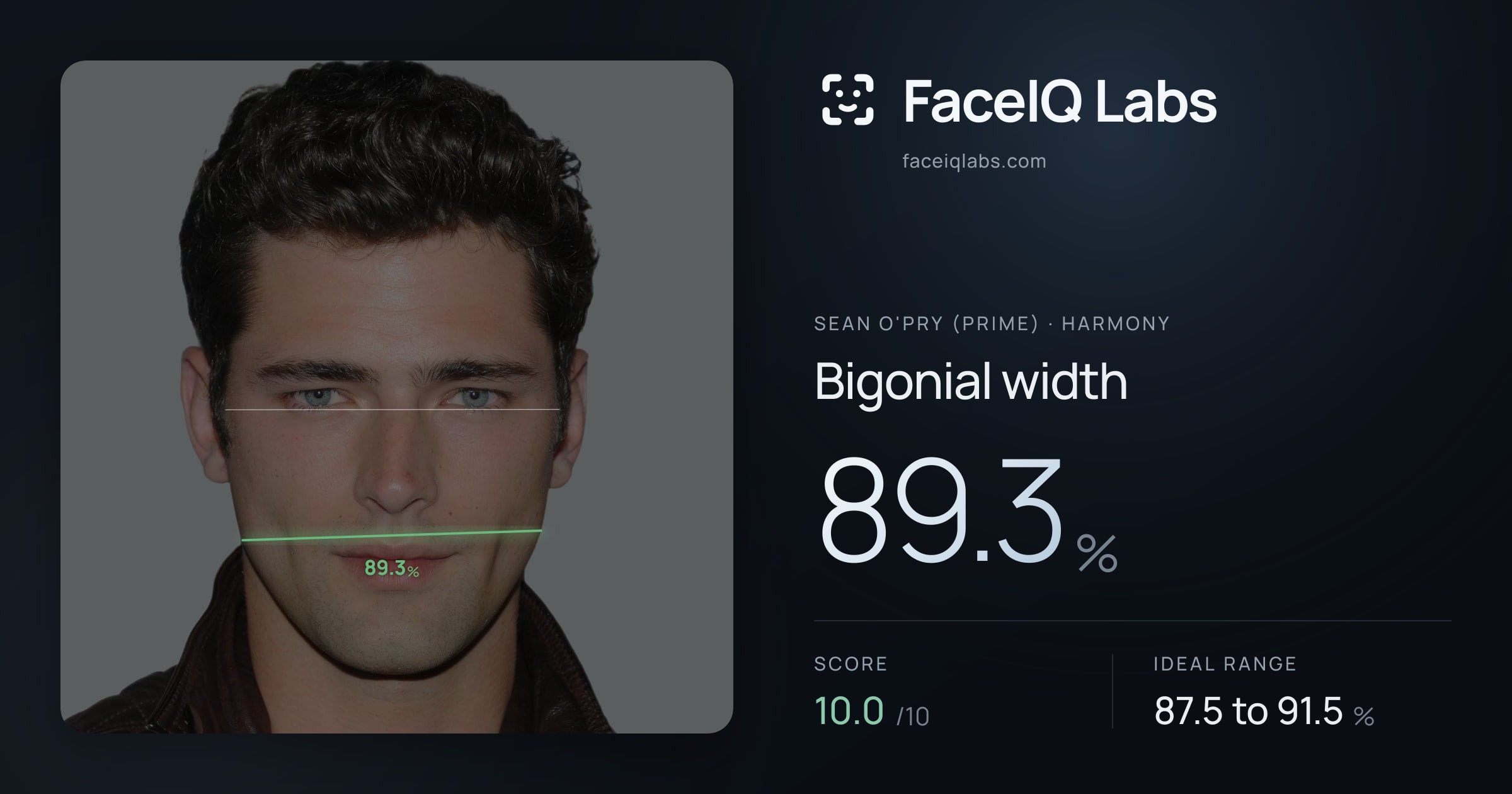 Sean O'Pry (Prime) Bigonial width: 89.3%, drawn on the photo