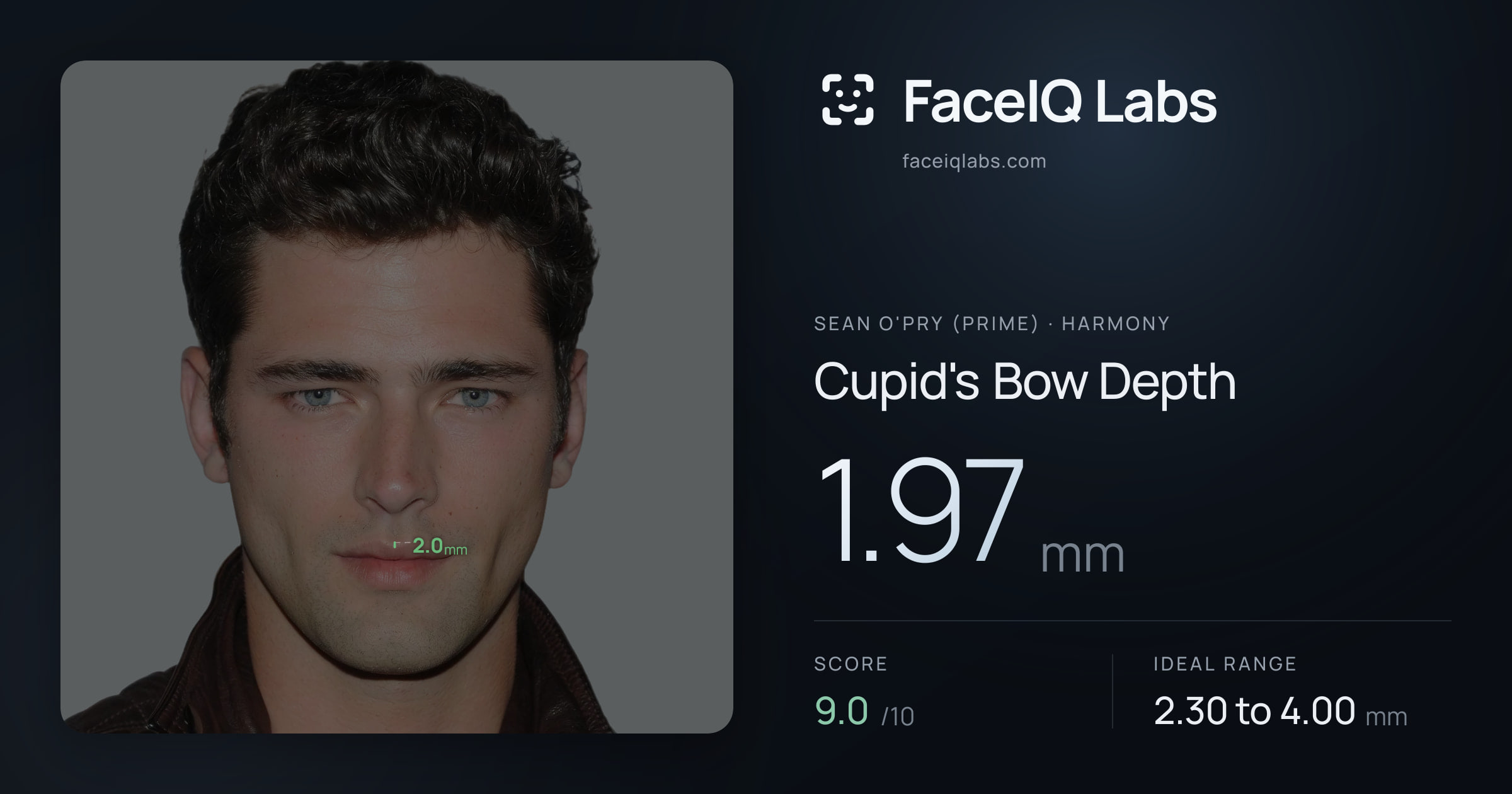 Sean O'Pry (Prime) Cupid's Bow Depth: 1.97mm, drawn on the photo