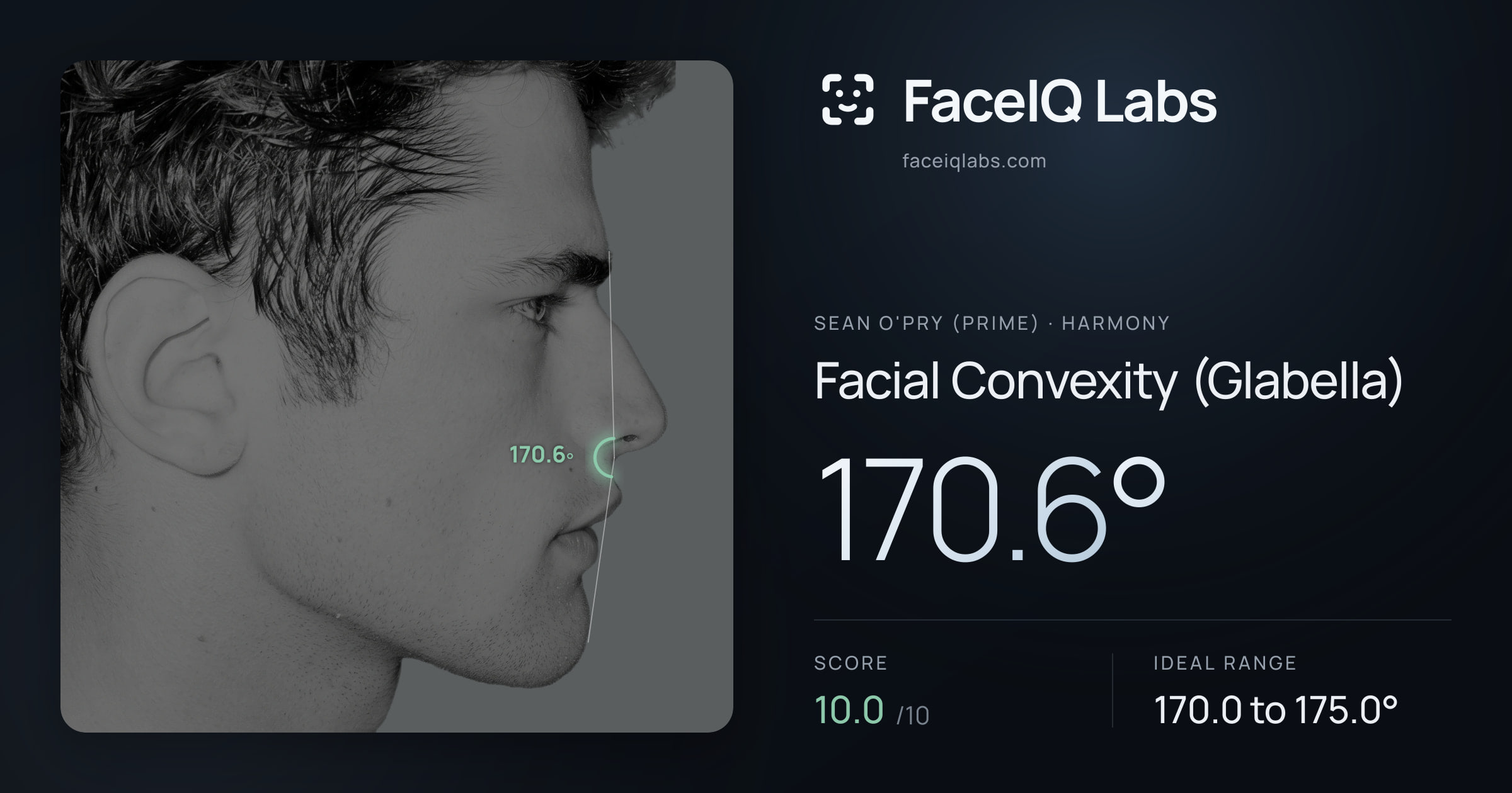 Sean O'Pry (Prime) Facial Convexity (Glabella): 170.6°, drawn on the photo