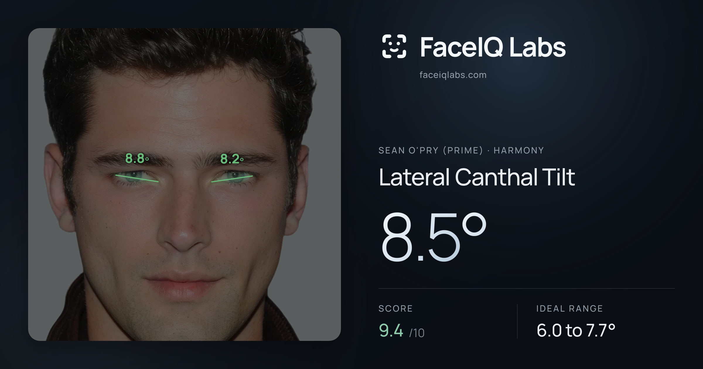 Sean O'Pry (Prime) Lateral Canthal Tilt: 8.5°, drawn on the photo