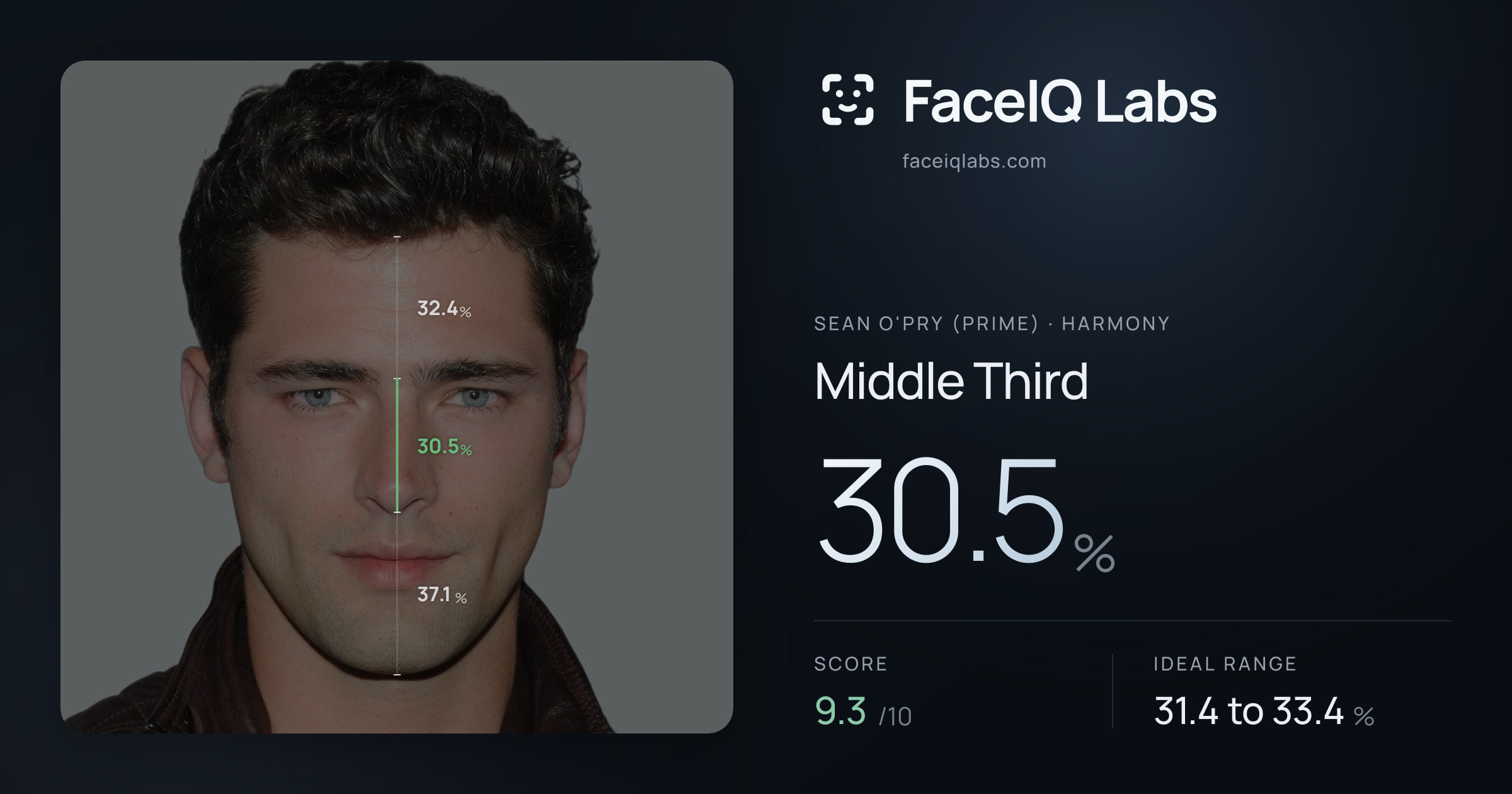Sean O'Pry (Prime) Middle Third: 30.5%, drawn on the photo