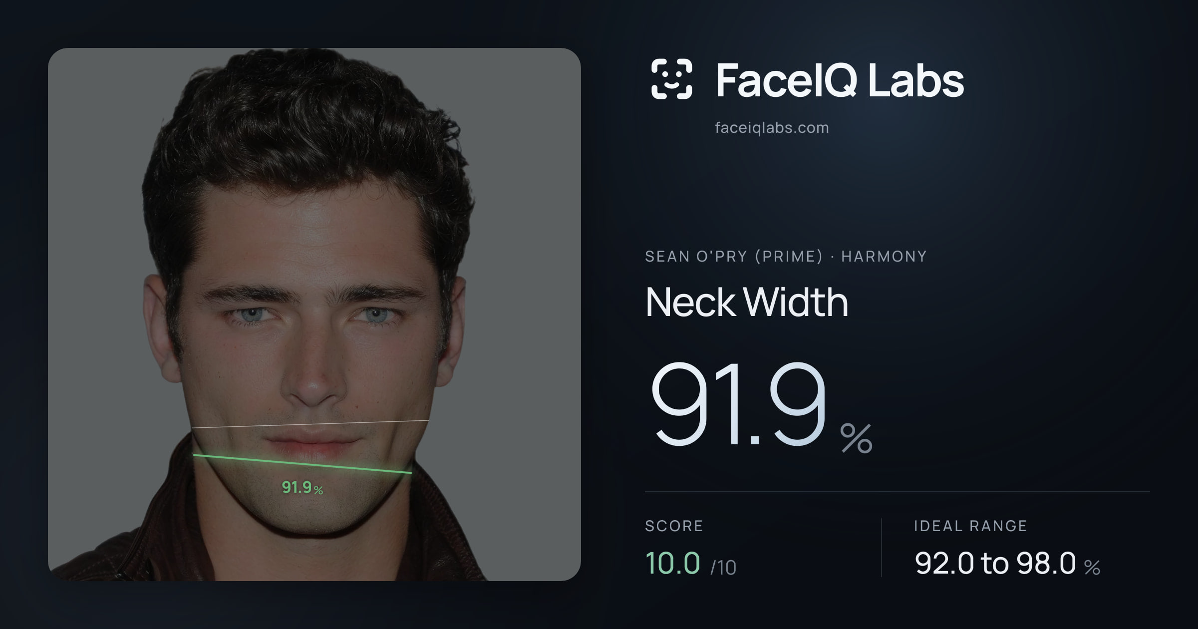 Sean O'Pry (Prime) Neck Width: 91.9%, drawn on the photo