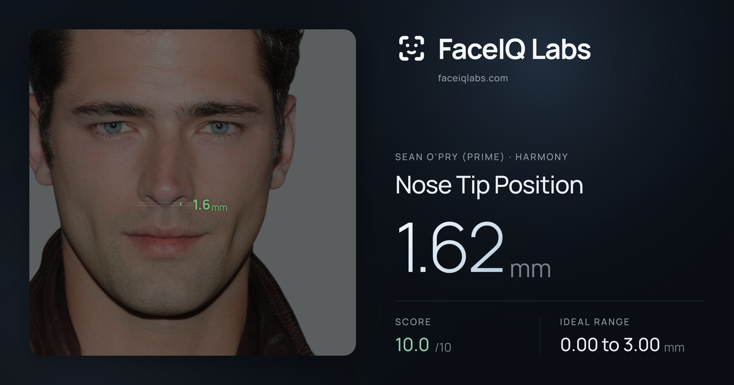 Sean O'Pry (Prime) Nose Tip Position: 1.62mm, drawn on the photo