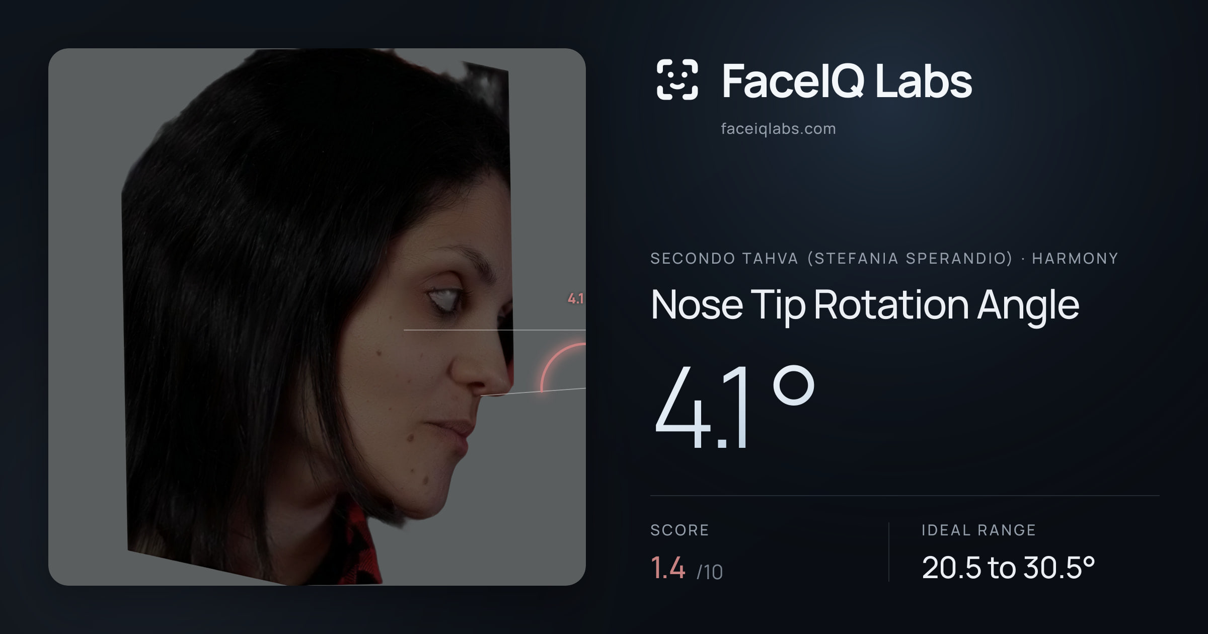 Secondo Tahva (Stefania Sperandio) Nose Tip Rotation Angle: 4.1°, drawn on the photo