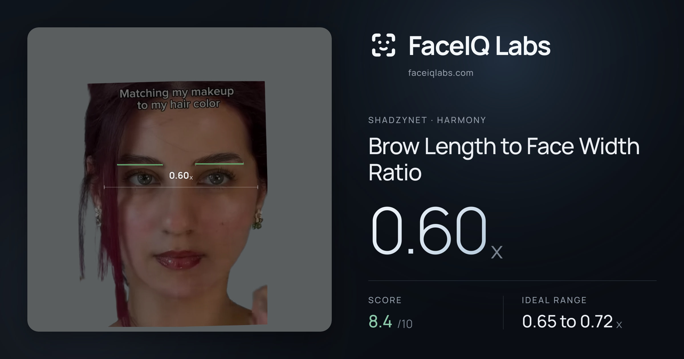 Shadzynet Brow Length to Face Width Ratio: 0.60x, drawn on the photo
