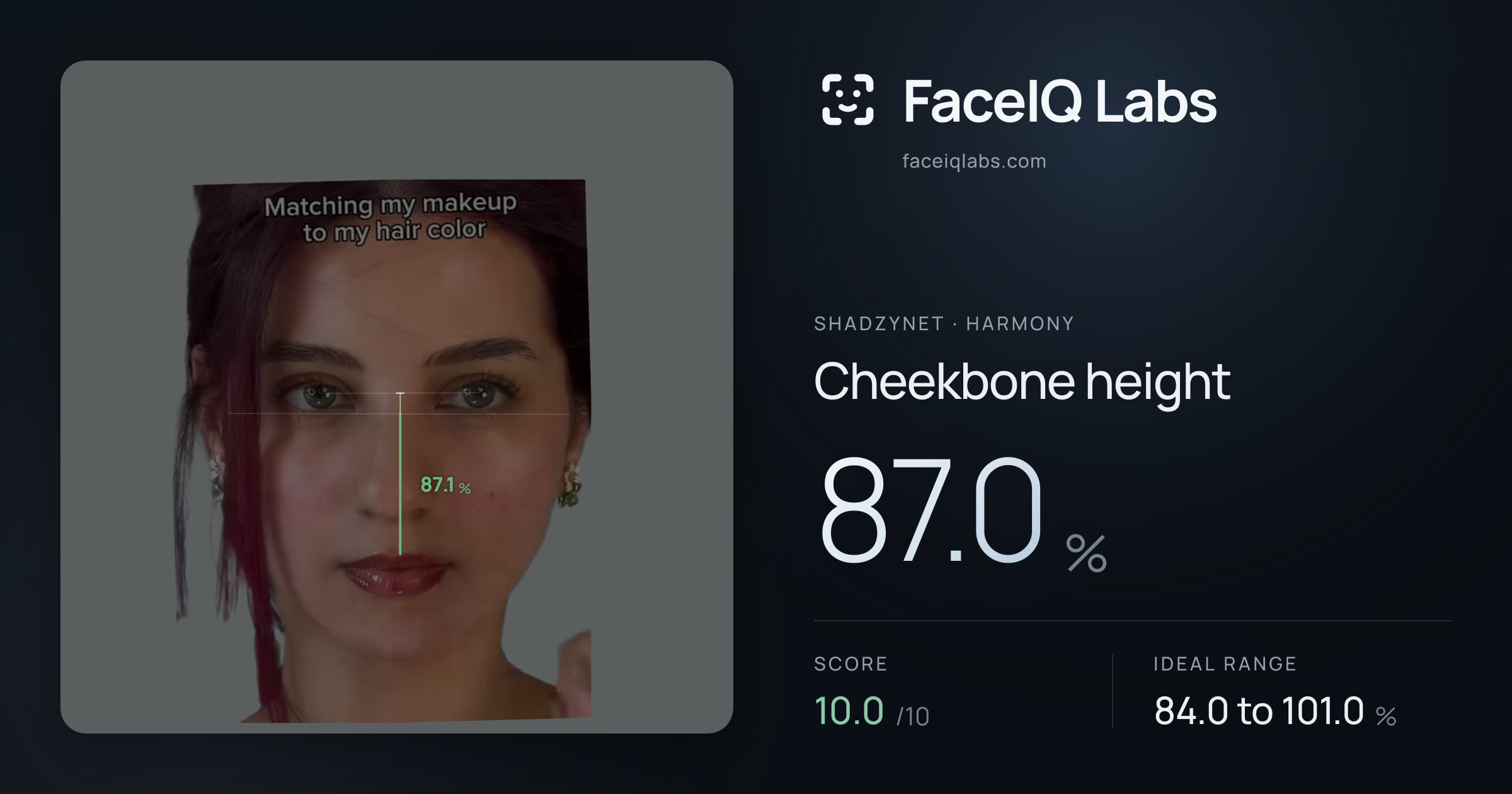 Shadzynet Cheekbone height: 87.0%, drawn on the photo