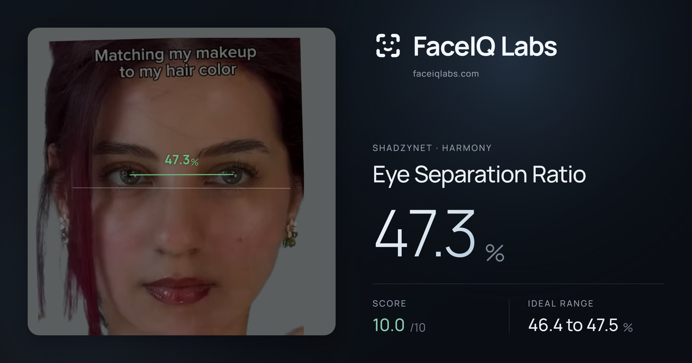 Shadzynet Eye Separation Ratio: 47.3%, drawn on the photo