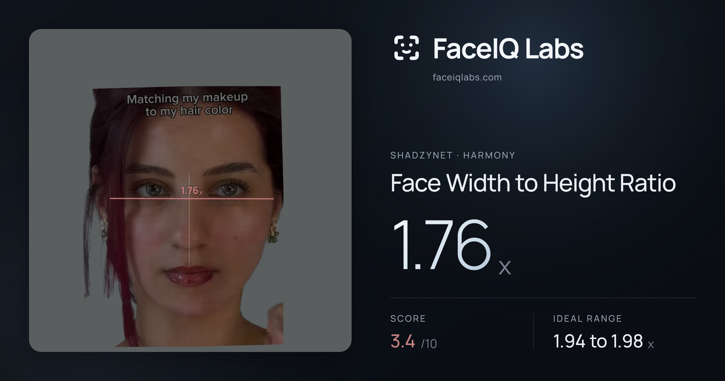 Shadzynet Face Width to Height Ratio: 1.76x, drawn on the photo