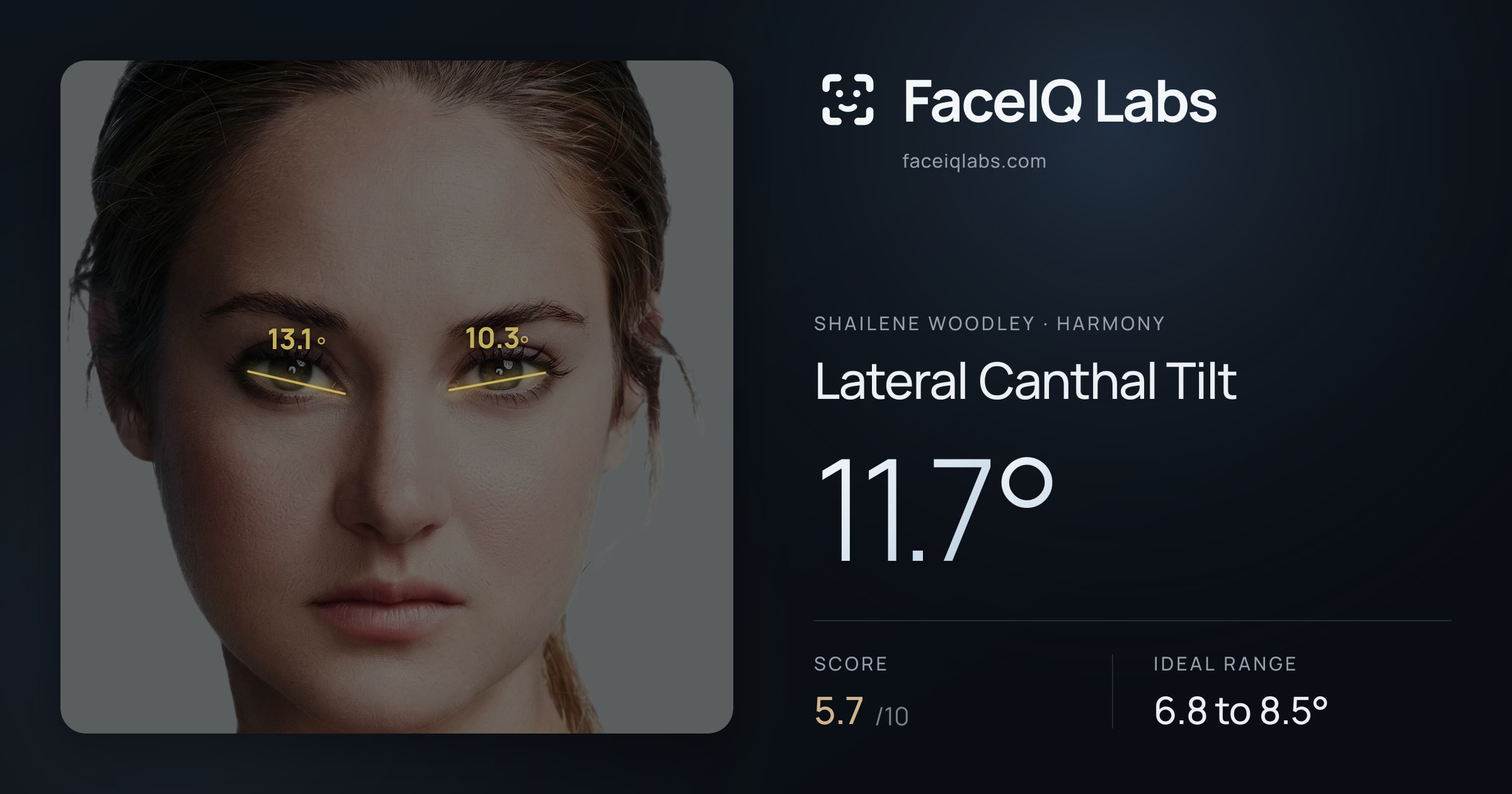Shailene Woodley Lateral Canthal Tilt: 11.7°, drawn on the photo