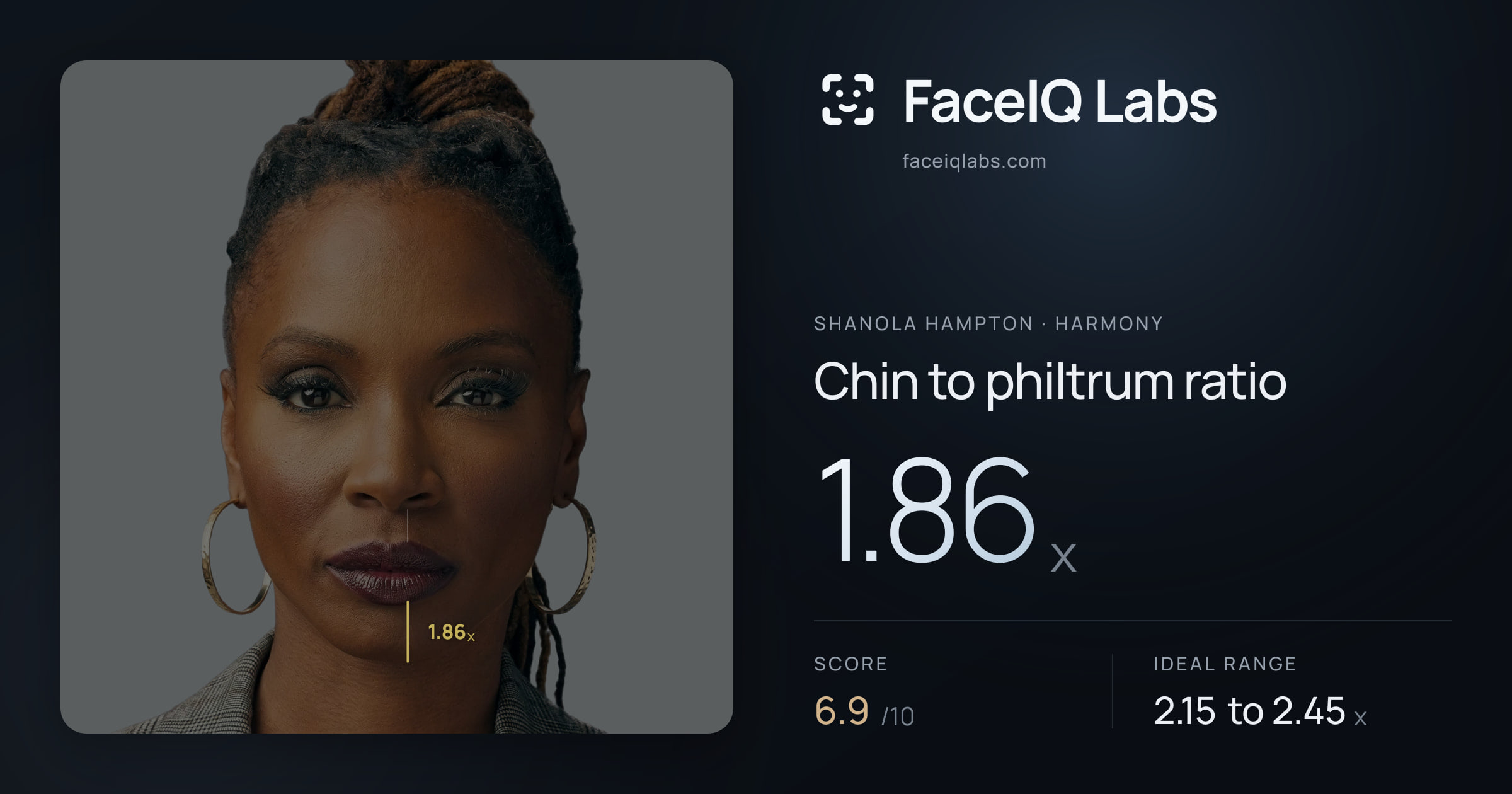 Shanola Hampton Chin to philtrum ratio: 1.86x, drawn on the photo