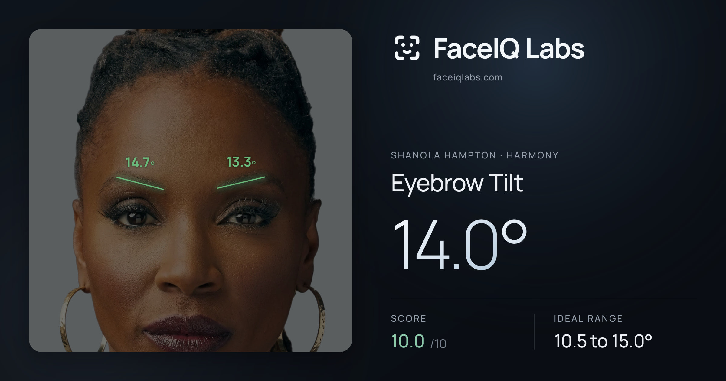 Shanola Hampton Eyebrow Tilt: 14.0°, drawn on the photo